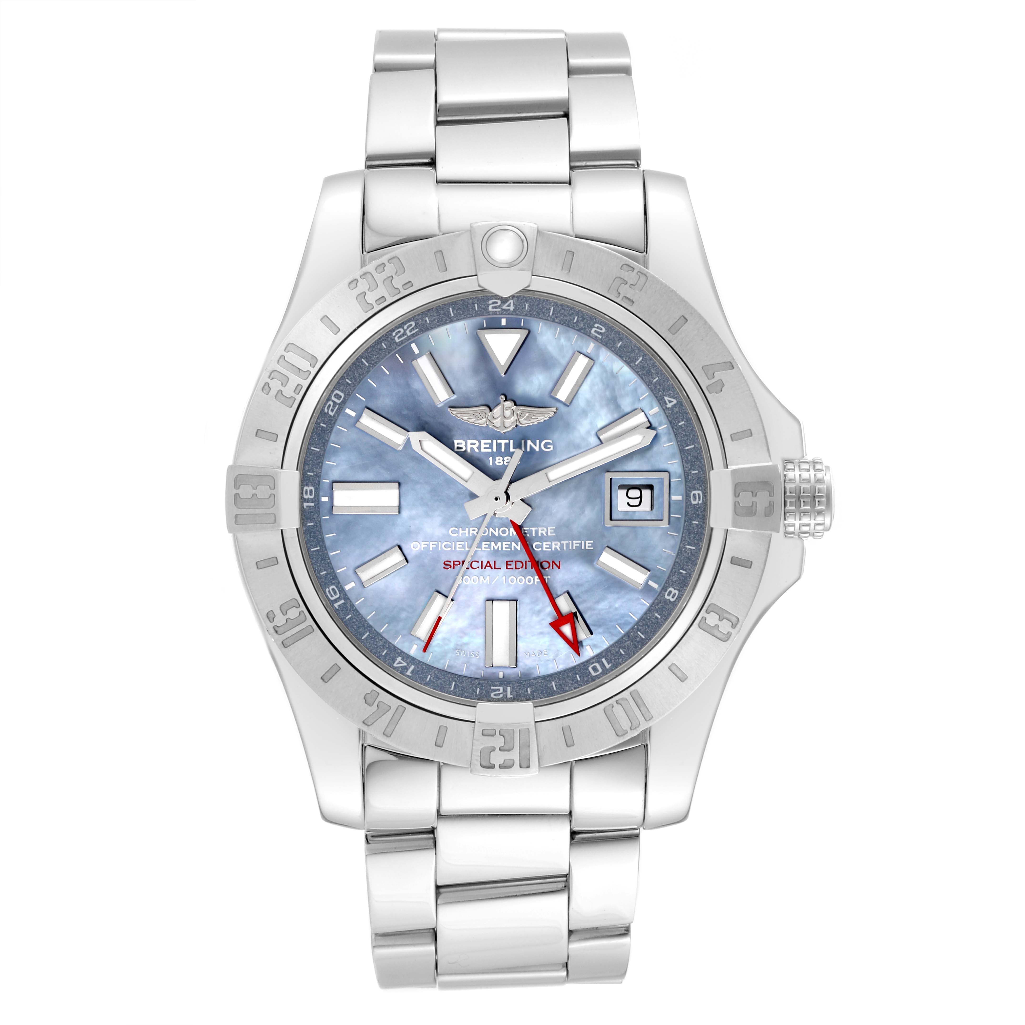 The image shows a front view of the Breitling Avenger A3239011/C930 Men's Stainless Steel Mother of Pearl Dial A3239011/C930 Men's Stainless Steel Mother of Pearl Dial watch, showcasing its stainless steel bracelet, bezel, and blue dial.