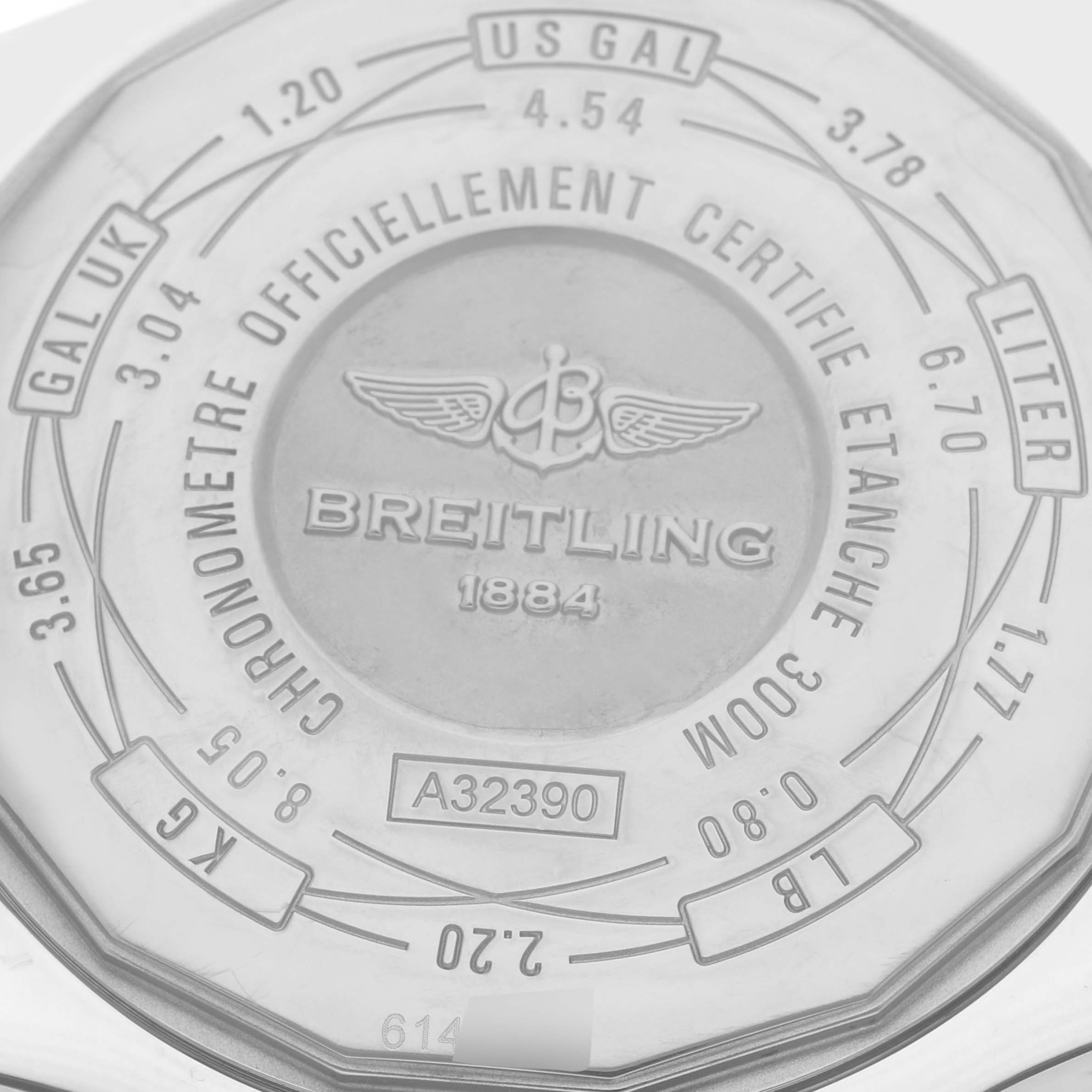 This image shows the case back of a Breitling Avenger A3239011/C930 Men's Stainless Steel Mother of Pearl Dial A3239011/C930 Men's Stainless Steel Mother of Pearl Dial watch, featuring engravings including the brand's logo and conversion scales.