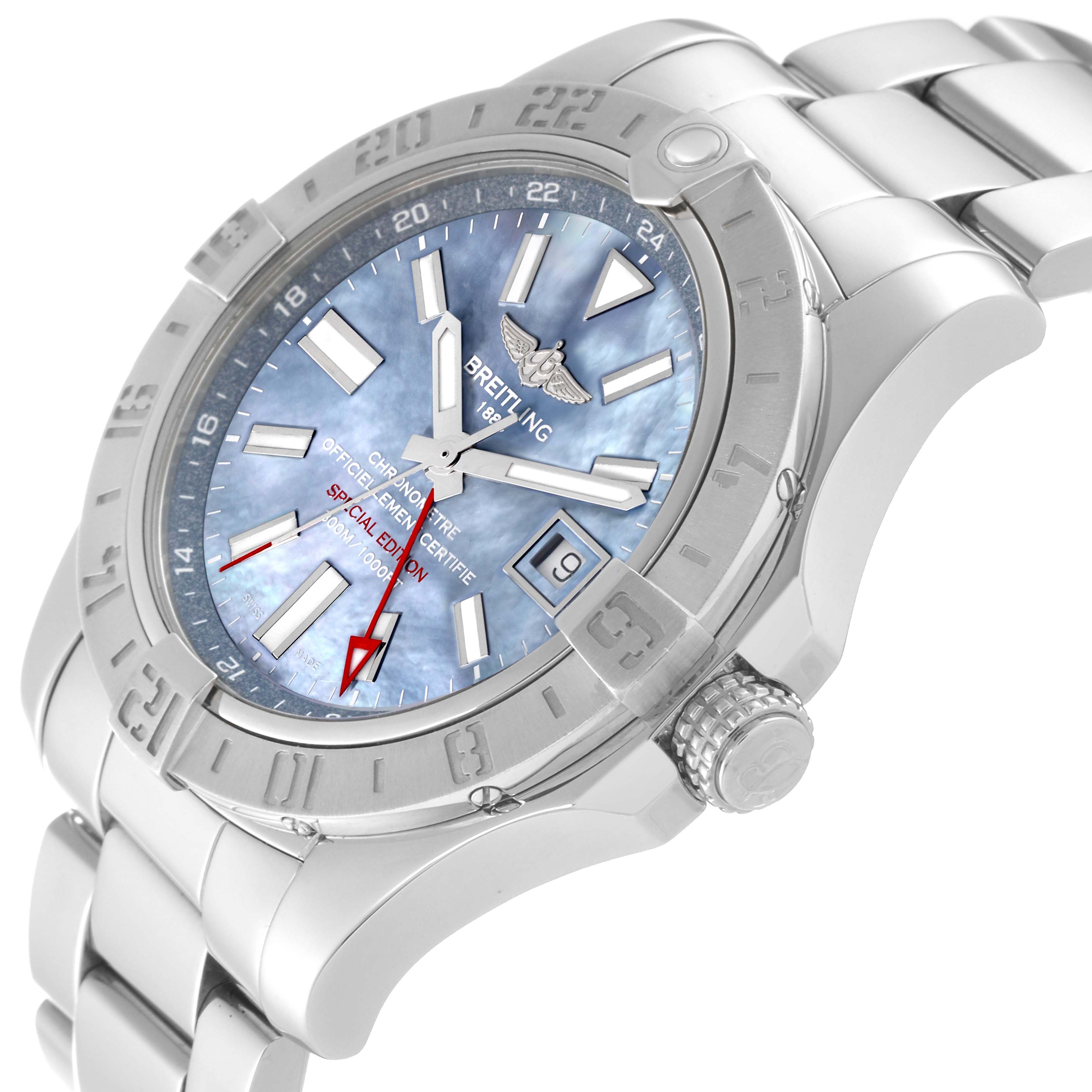 The Breitling Avenger A3239011/C930 Men's Stainless Steel Mother of Pearl Dial A3239011/C930 Men's Stainless Steel Mother of Pearl Dial watch is shown at an angled close-up view, highlighting the dial, bezel, and part of the bracelet.