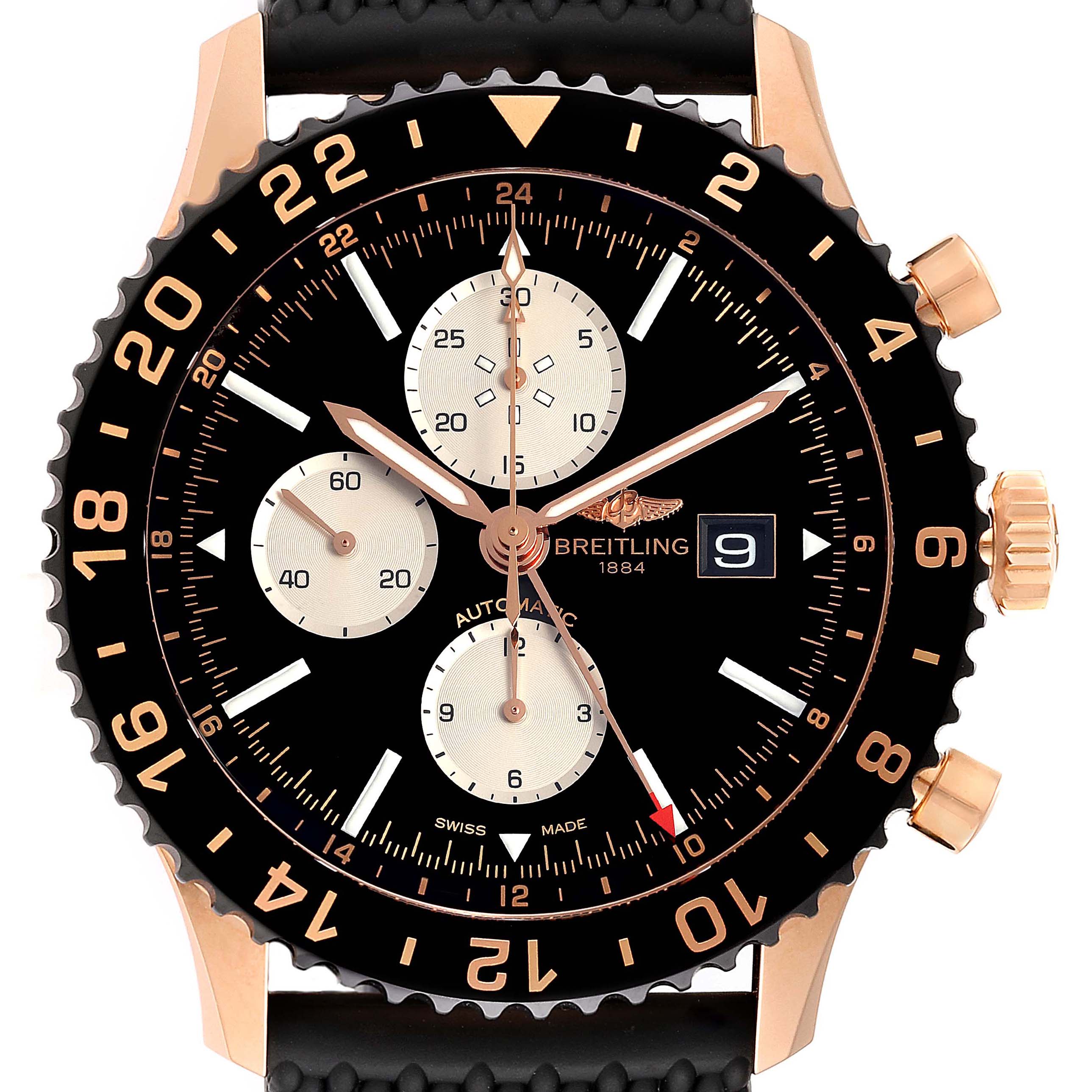 This is a close-up of the Breitling Chronoliner R2431212/BE83-256S Men's Rose Gold Black Dial R2431212/BE83-256S Men's Rose Gold Black Dial watch displaying the dial, bezel, date window, and chronograph features.
