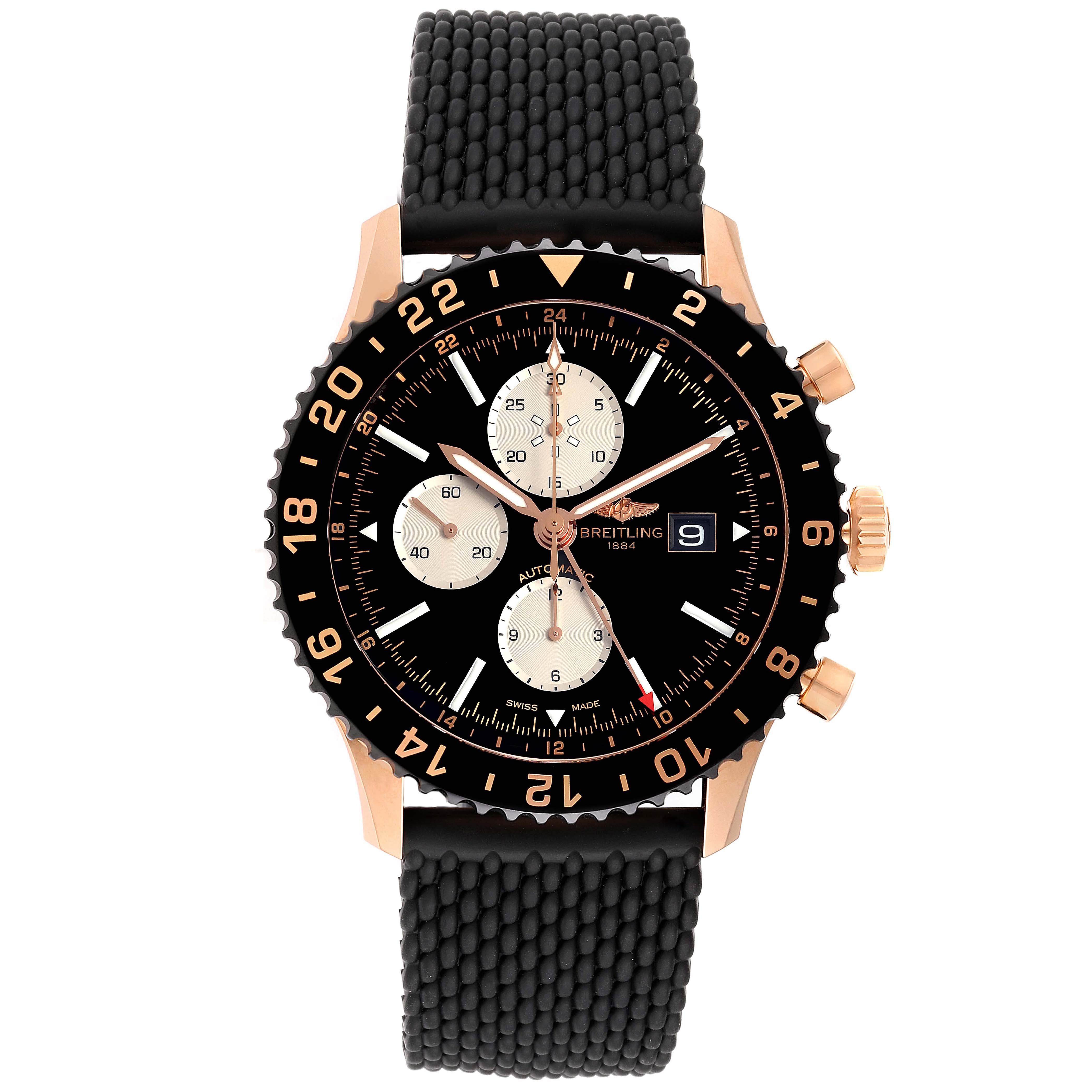 This image shows a front view of the Breitling Chronoliner R2431212/BE83-256S Men's Rose Gold Black Dial R2431212/BE83-256S Men's Rose Gold Black Dial watch, highlighting its face, bezel, pushers, and strap.
