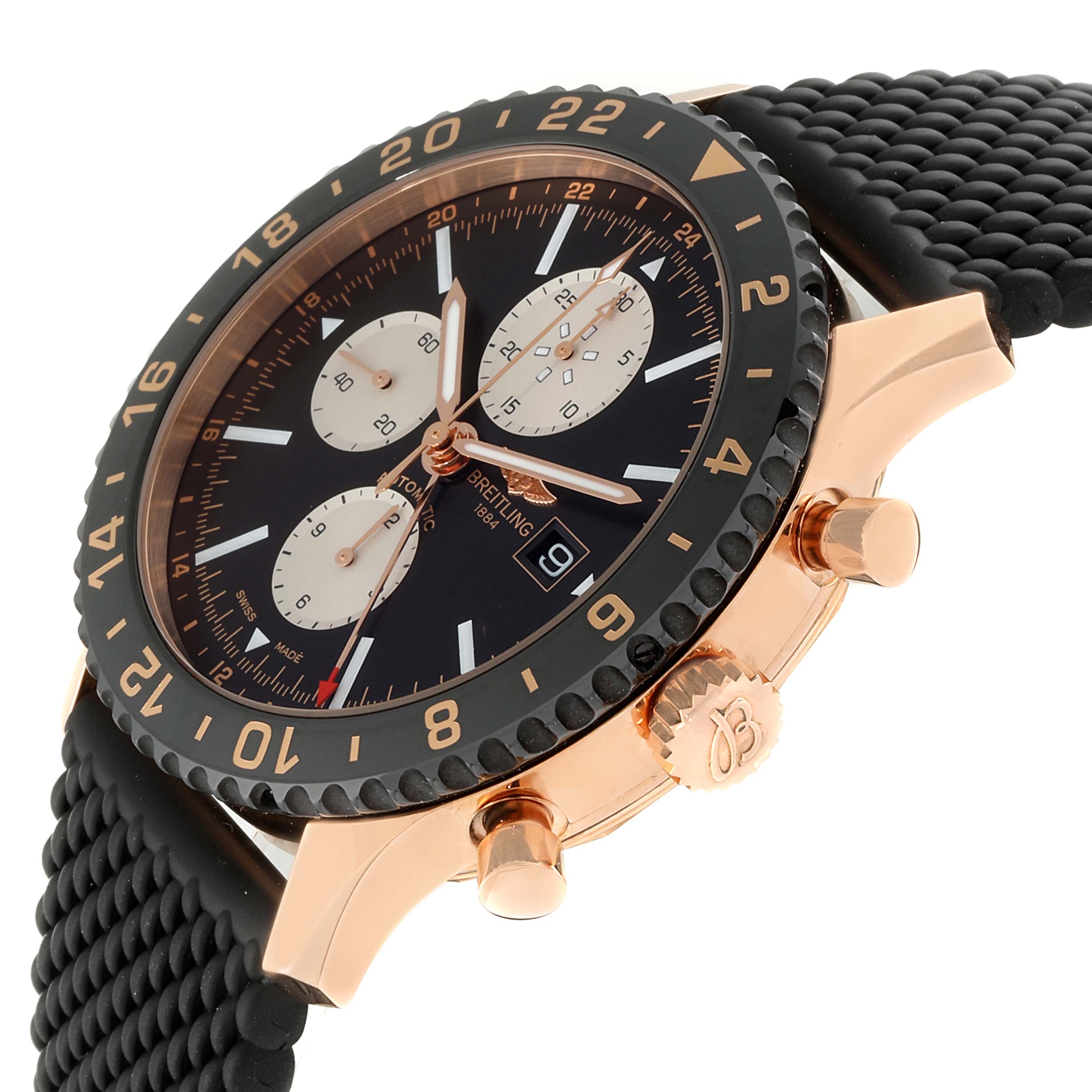 This image shows a side view of the Breitling Chronoliner R2431212/BE83-256S Men's Rose Gold Black Dial R2431212/BE83-256S Men's Rose Gold Black Dial watch, highlighting its black dial, rose gold case, crown, and pushers.
