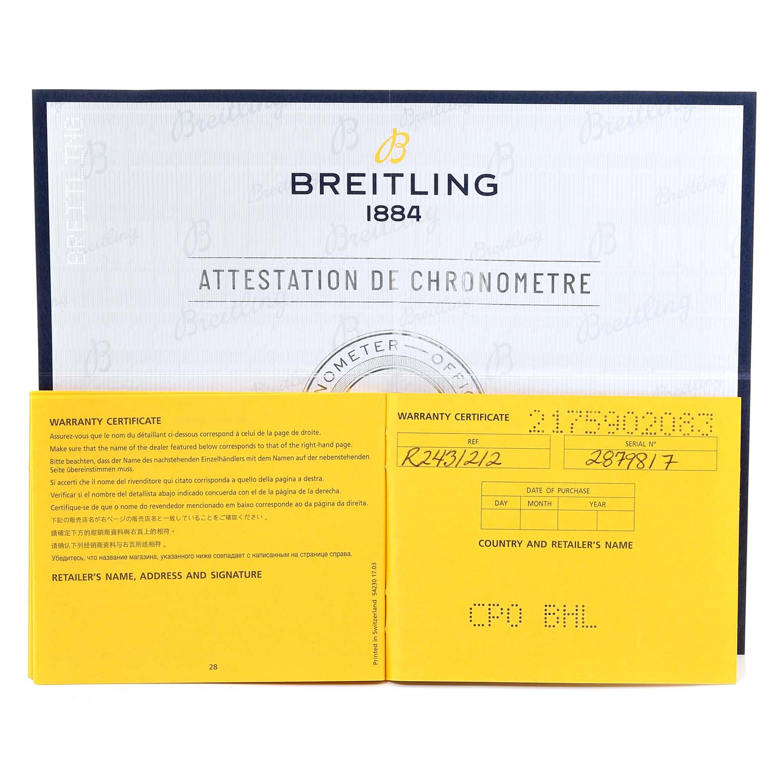 The image shows the warranty certificate and chronometer attestation for the Breitling Chronoliner R2431212/BE83-256S Men's Rose Gold Black Dial R2431212/BE83-256S Men's Rose Gold Black Dial watch.