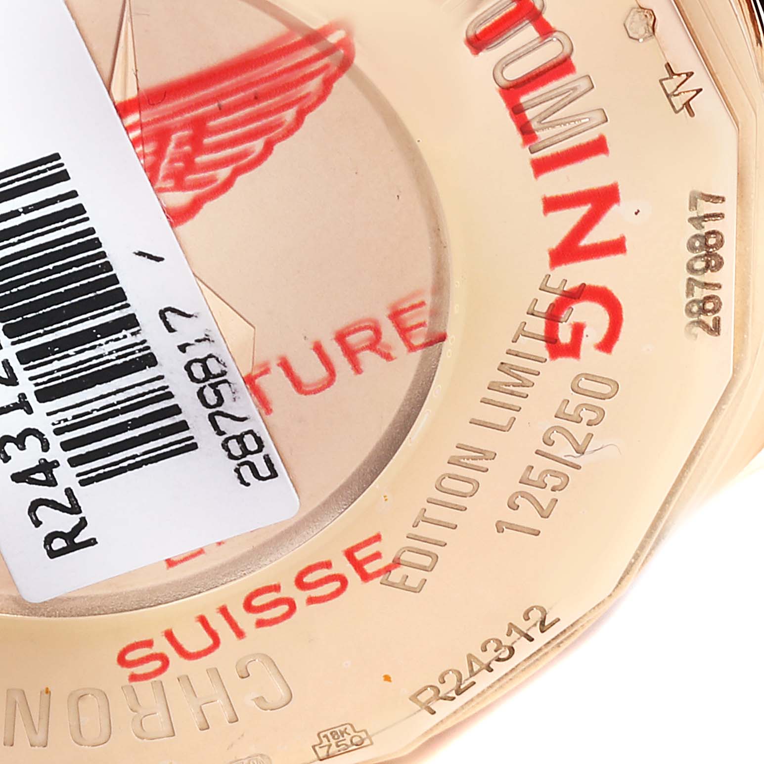 The image shows the back of a Breitling Chronoliner R2431212/BE83-256S Men's Rose Gold Black Dial R2431212/BE83-256S Men's Rose Gold Black Dial watch, highlighting the limited edition number and some branding details.