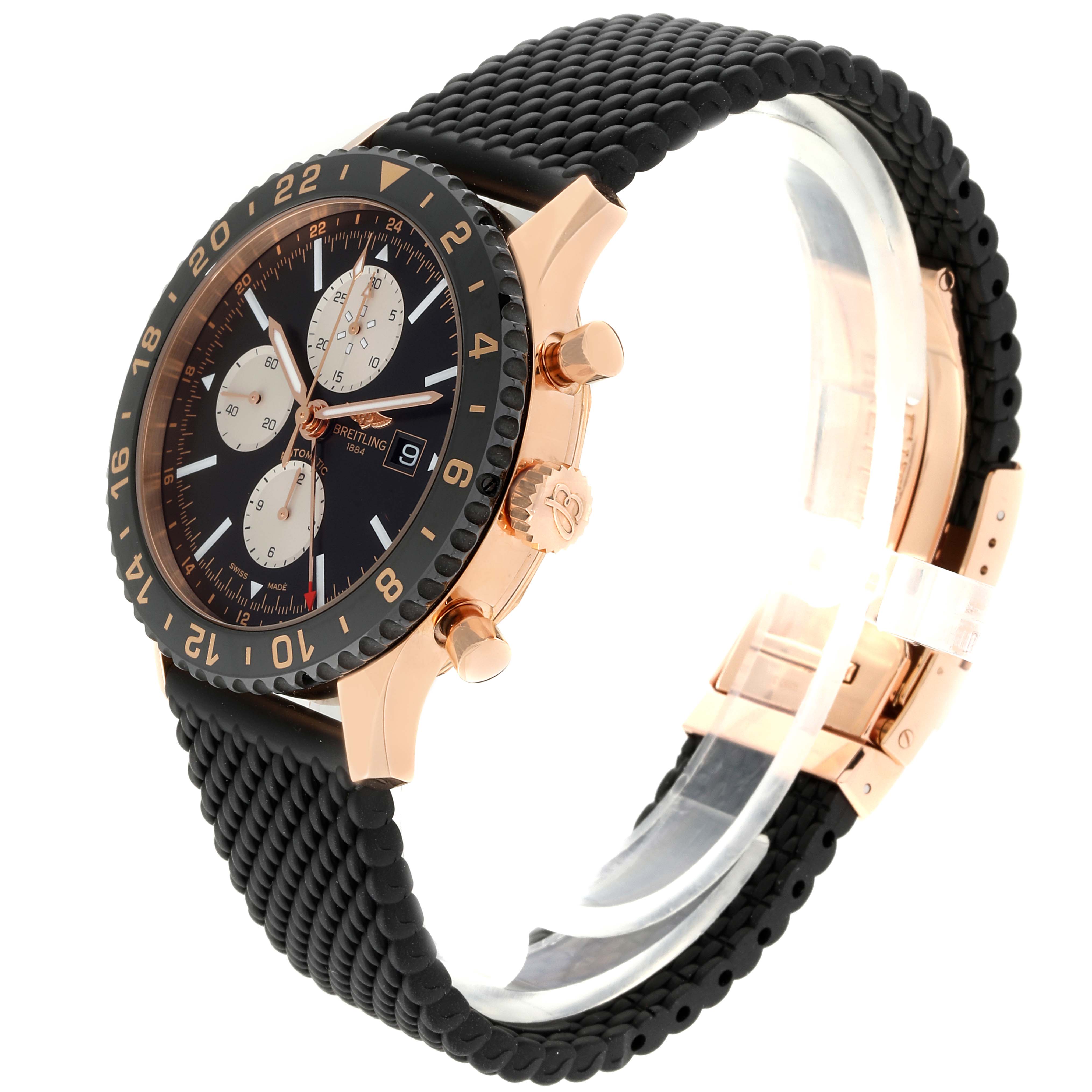 The Breitling Chronoliner R2431212/BE83-256S Men's Rose Gold Black Dial R2431212/BE83-256S Men's Rose Gold Black Dial watch is shown at a three-quarter angle, displaying its face, side buttons, crown, and black strap.