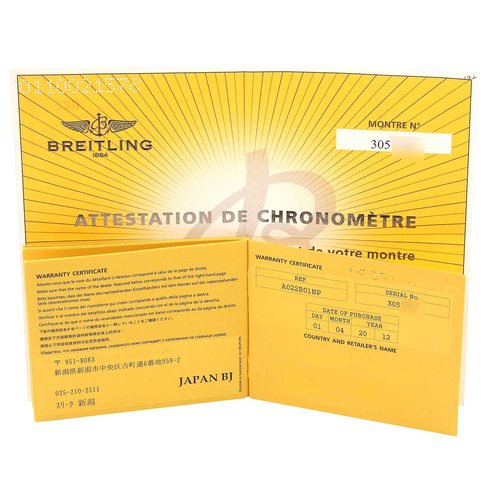 This image shows the warranty certificate and attestation booklet for a Breitling Navitimer AB0120 Men's Stainless Steel Black Dial AB0120 Men's Stainless Steel Black Dial watch.