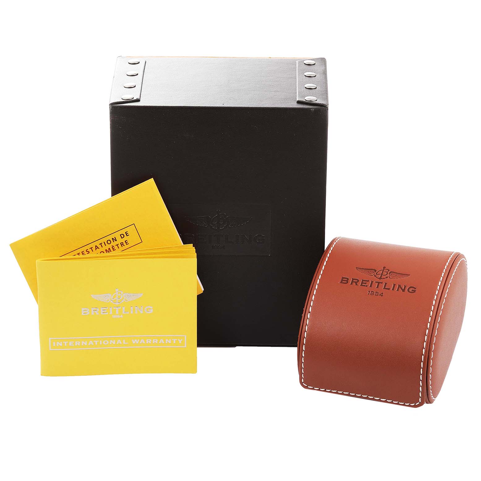 The image shows the packaging, including the box, warranty cards, and a leather case for the Breitling Navitimer AB0120 Men's Stainless Steel Black Dial AB0120 Men's Stainless Steel Black Dial watch.