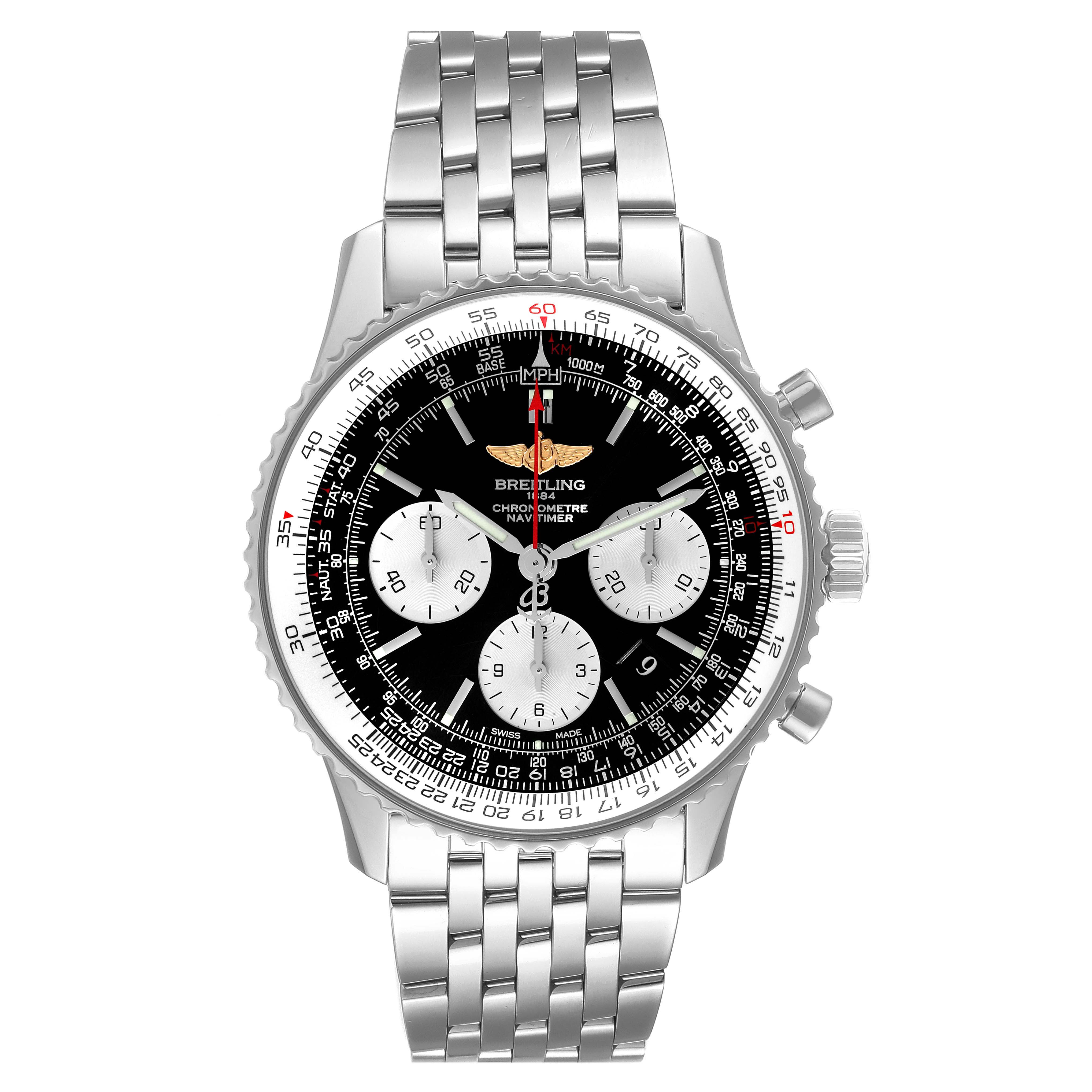 The image shows a front view of a Breitling Navitimer AB0120 Men's Stainless Steel Black Dial AB0120 Men's Stainless Steel Black Dial watch, displaying its dial, bezel, and stainless steel bracelet.
