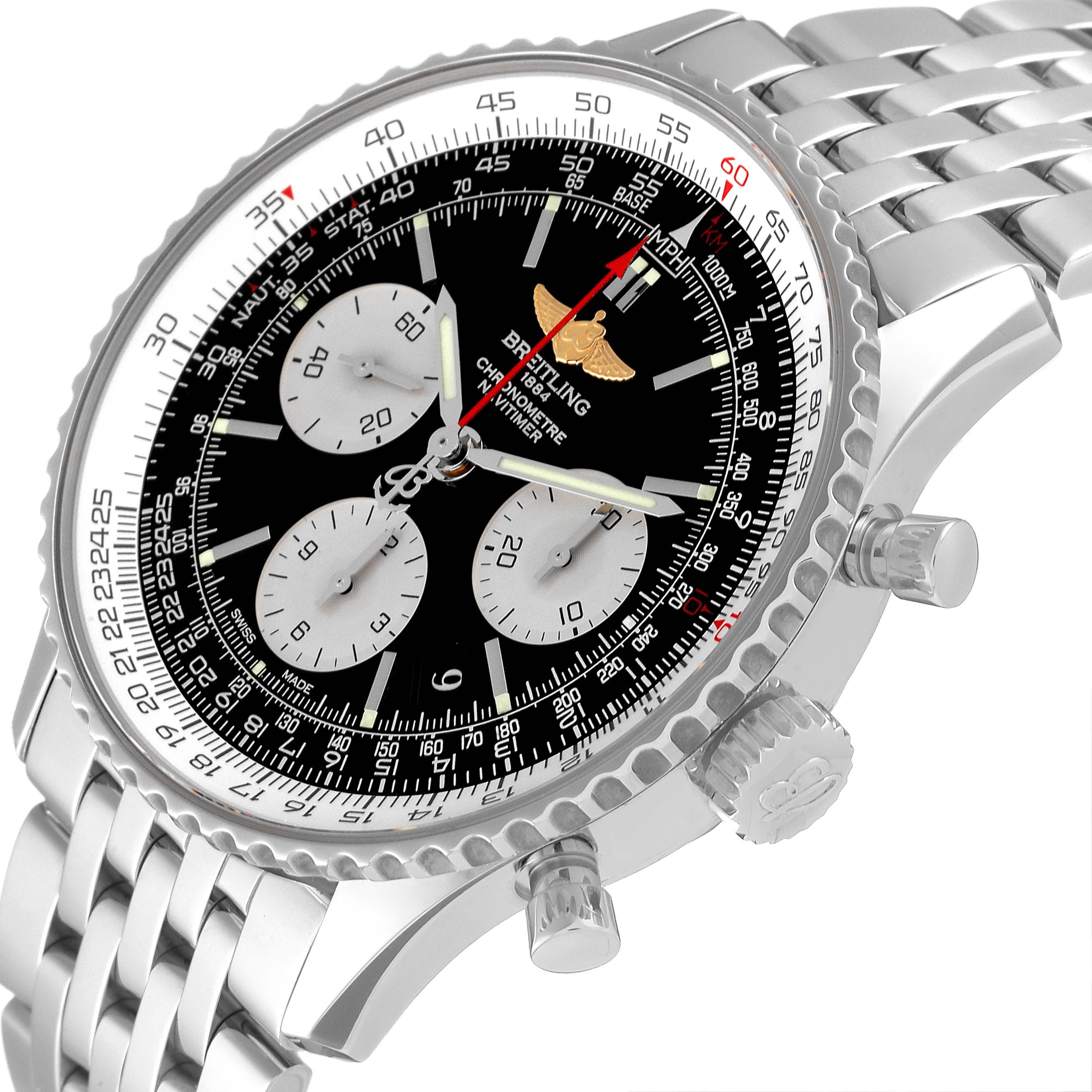 This image shows a Breitling Navitimer AB0120 Men's Stainless Steel Black Dial AB0120 Men's Stainless Steel Black Dial watch face and bracelet at a slight angle, highlighting the bezel, crown, and chronograph pushers.