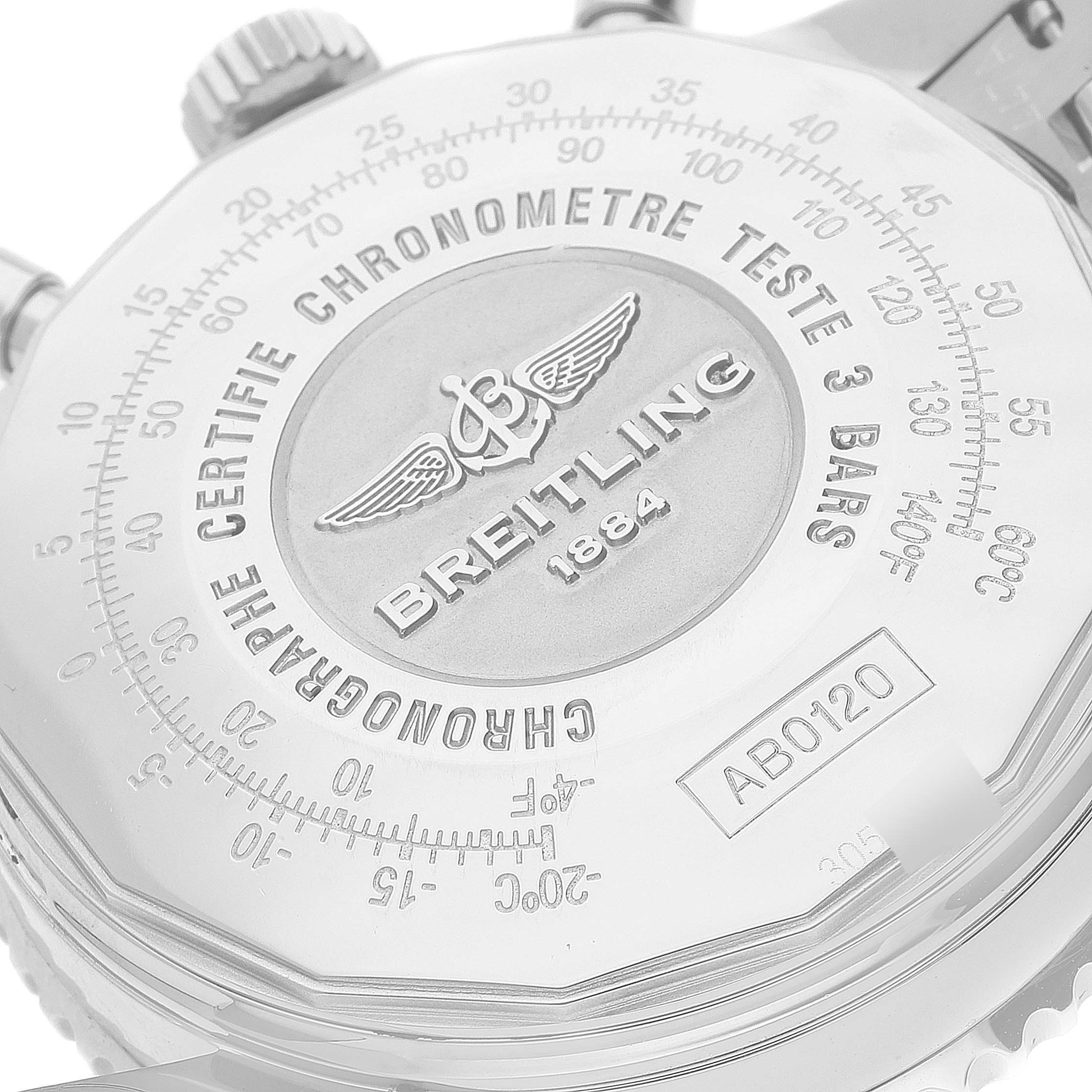 This image shows the back of the Breitling Navitimer AB0120 Men's Stainless Steel Black Dial AB0120 Men's Stainless Steel Black Dial watch, highlighting the branding and engraved details.