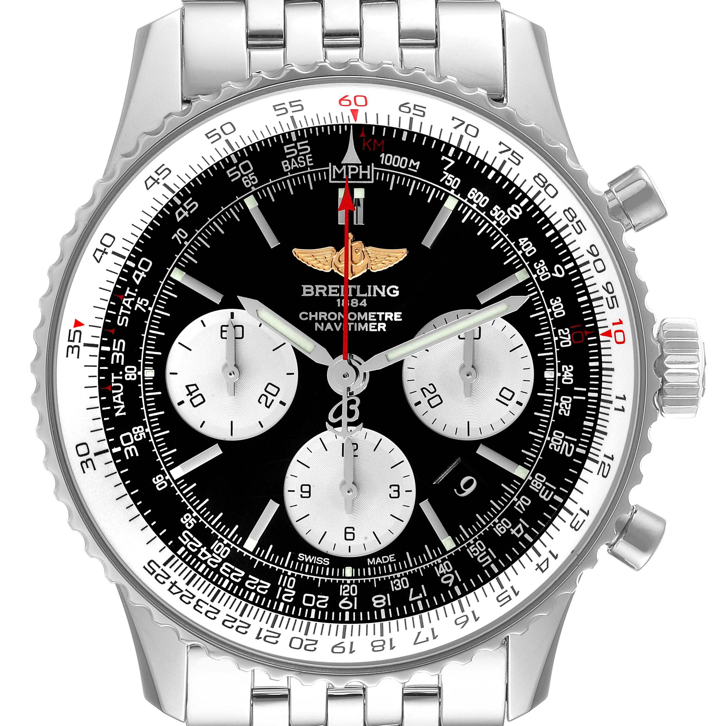 This image shows a front view of a Breitling Navitimer AB0120 Men's Stainless Steel Black Dial AB0120 Men's Stainless Steel Black Dial watch, highlighting the dial, sub-dials, bezel, and bracelet.
