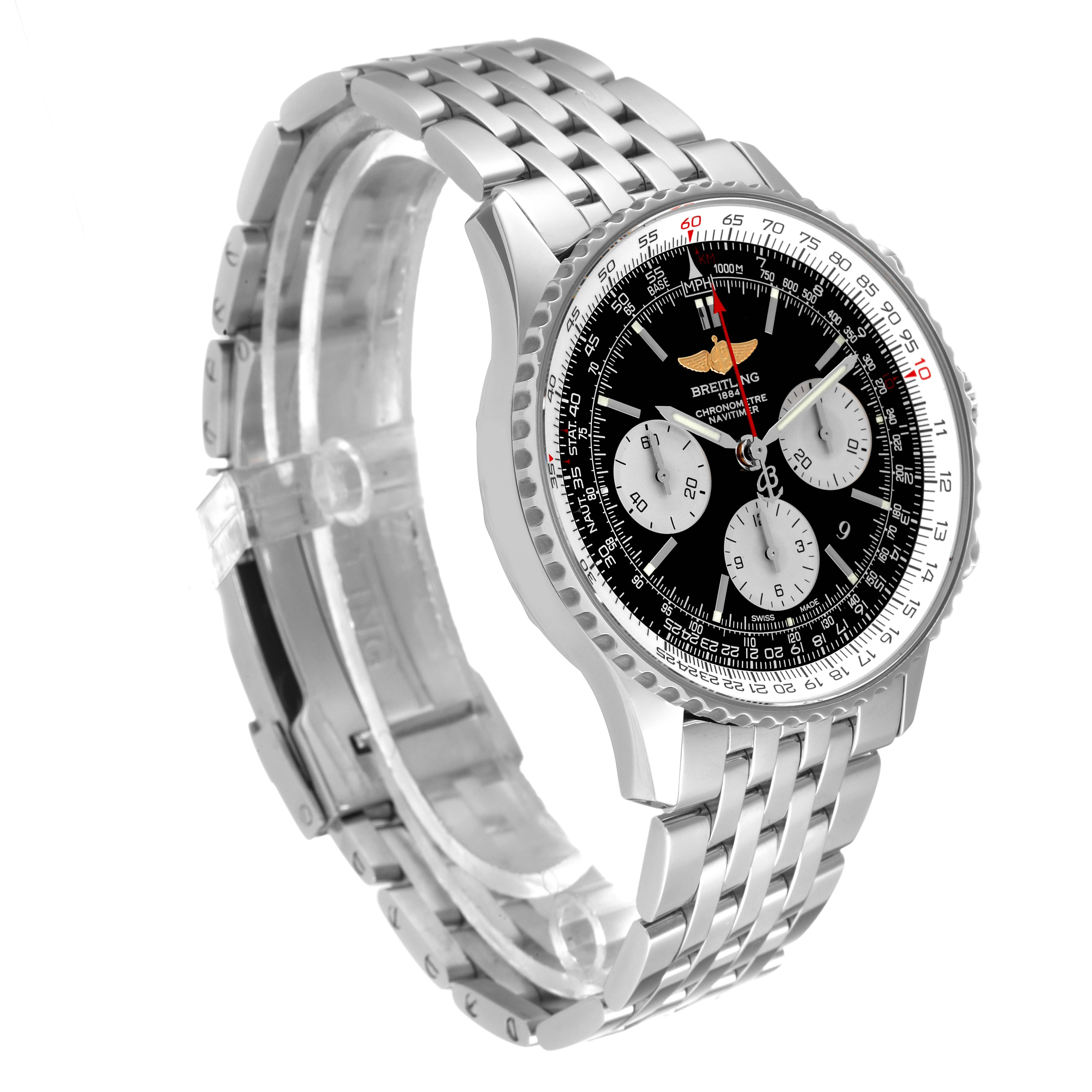 The image shows a Breitling Navitimer AB0120 Men's Stainless Steel Black Dial AB0120 Men's Stainless Steel Black Dial watch at a slight angle, highlighting its face, bezel, and metallic strap.