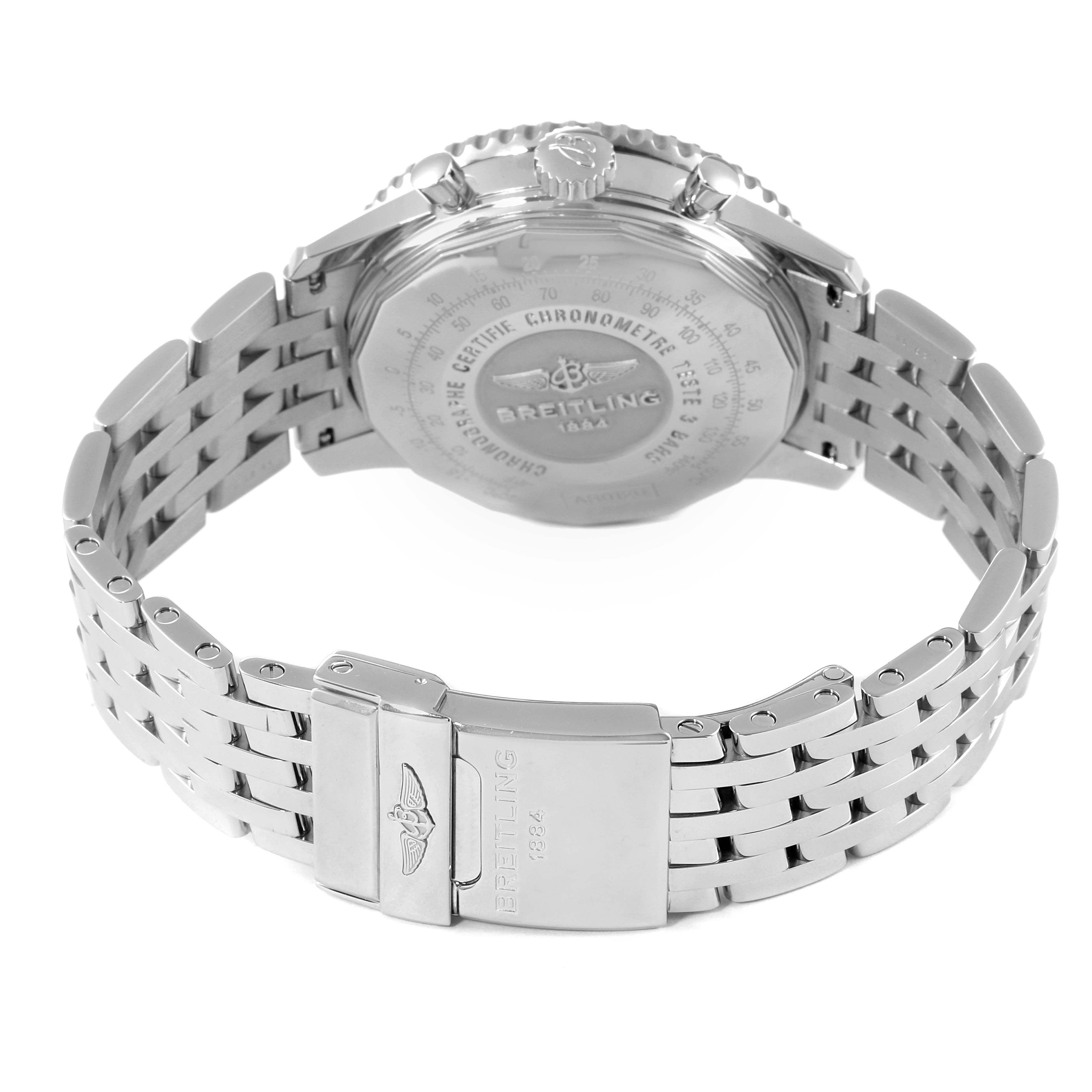 The image shows the back and clasp of a Breitling Navitimer AB0120 Men's Stainless Steel Black Dial AB0120 Men's Stainless Steel Black Dial watch at a slight angle.