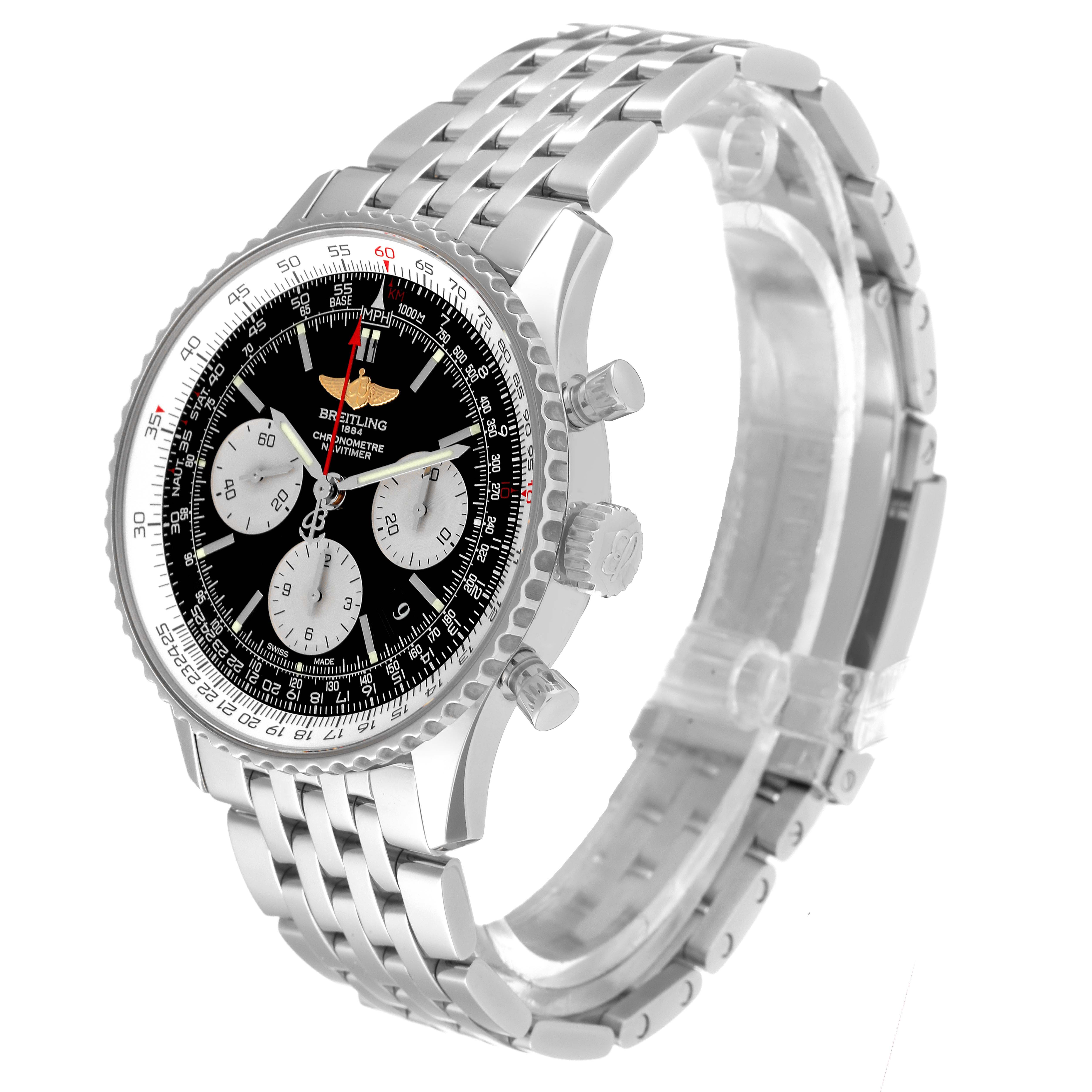 This image shows a Breitling Navitimer AB0120 Men's Stainless Steel Black Dial AB0120 Men's Stainless Steel Black Dial watch at an angle, featuring the face, crown, push buttons, and bracelet.