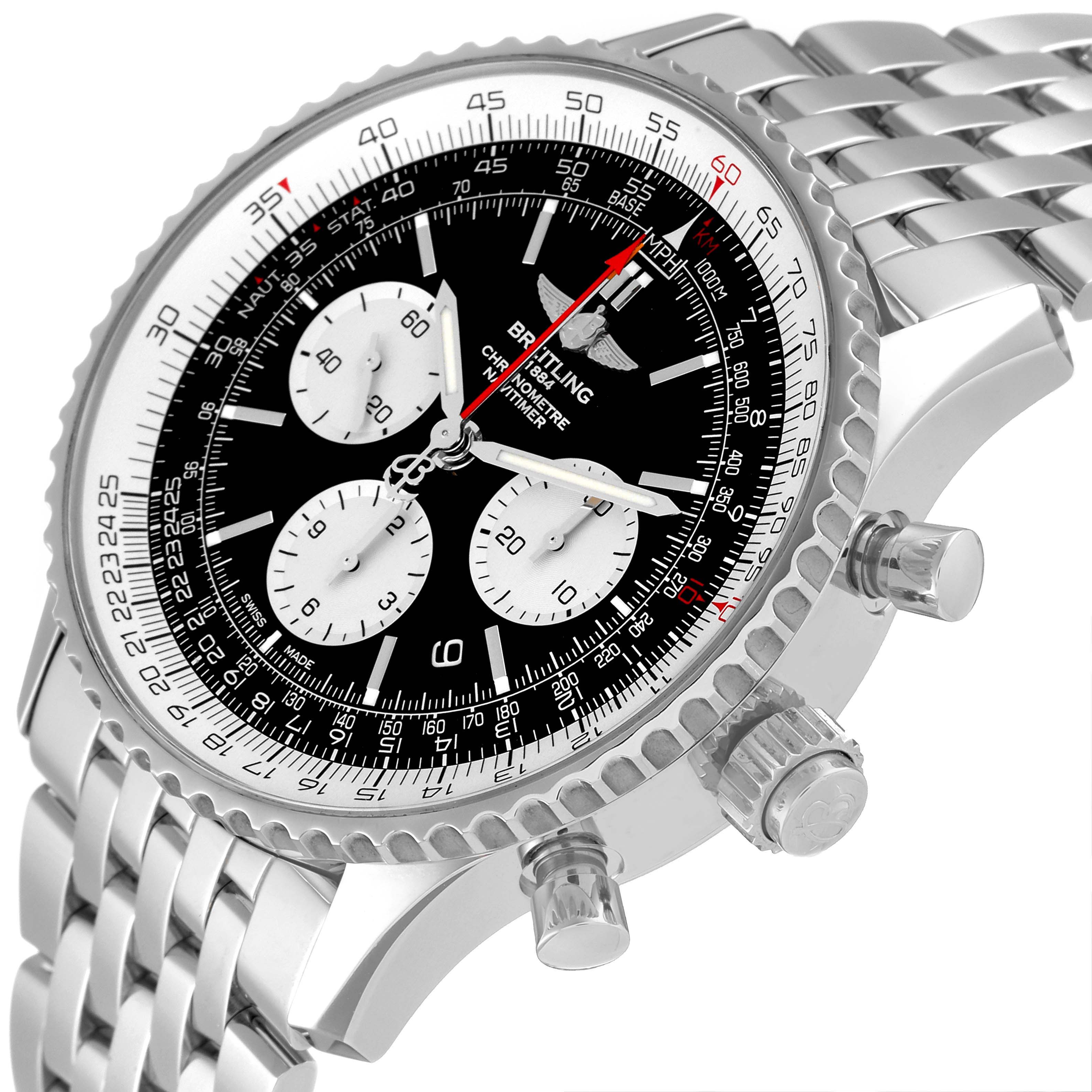 The image shows a close-up side angle of the Breitling Navitimer AB0310 Men's Stainless Steel Black Dial AB0310 Men's Stainless Steel Black Dial watch, highlighting its dial, bezel, and bracelet.