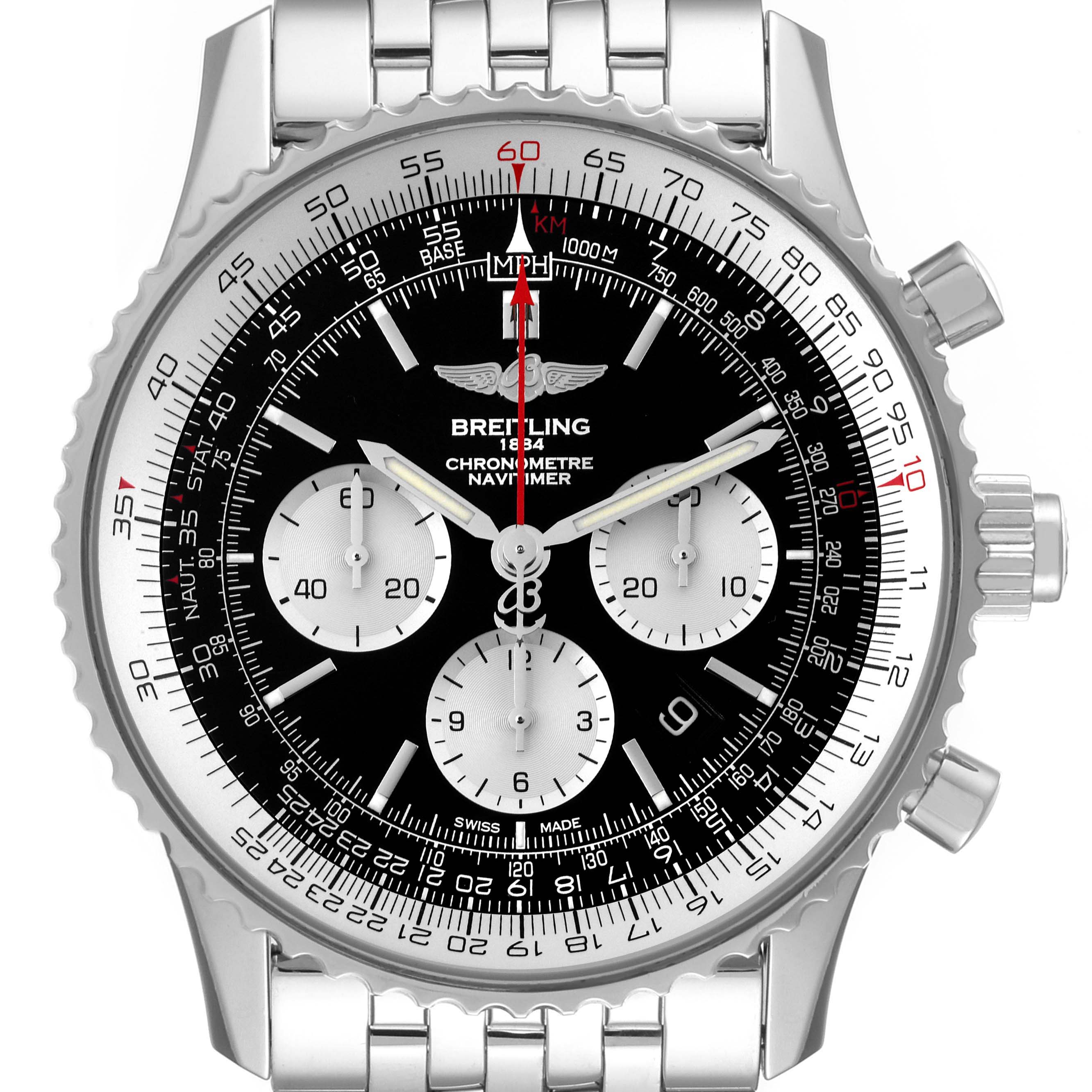 The image shows a front view of a Breitling Navitimer AB0310 Men's Stainless Steel Black Dial AB0310 Men's Stainless Steel Black Dial watch, highlighting its dial and chronograph features.