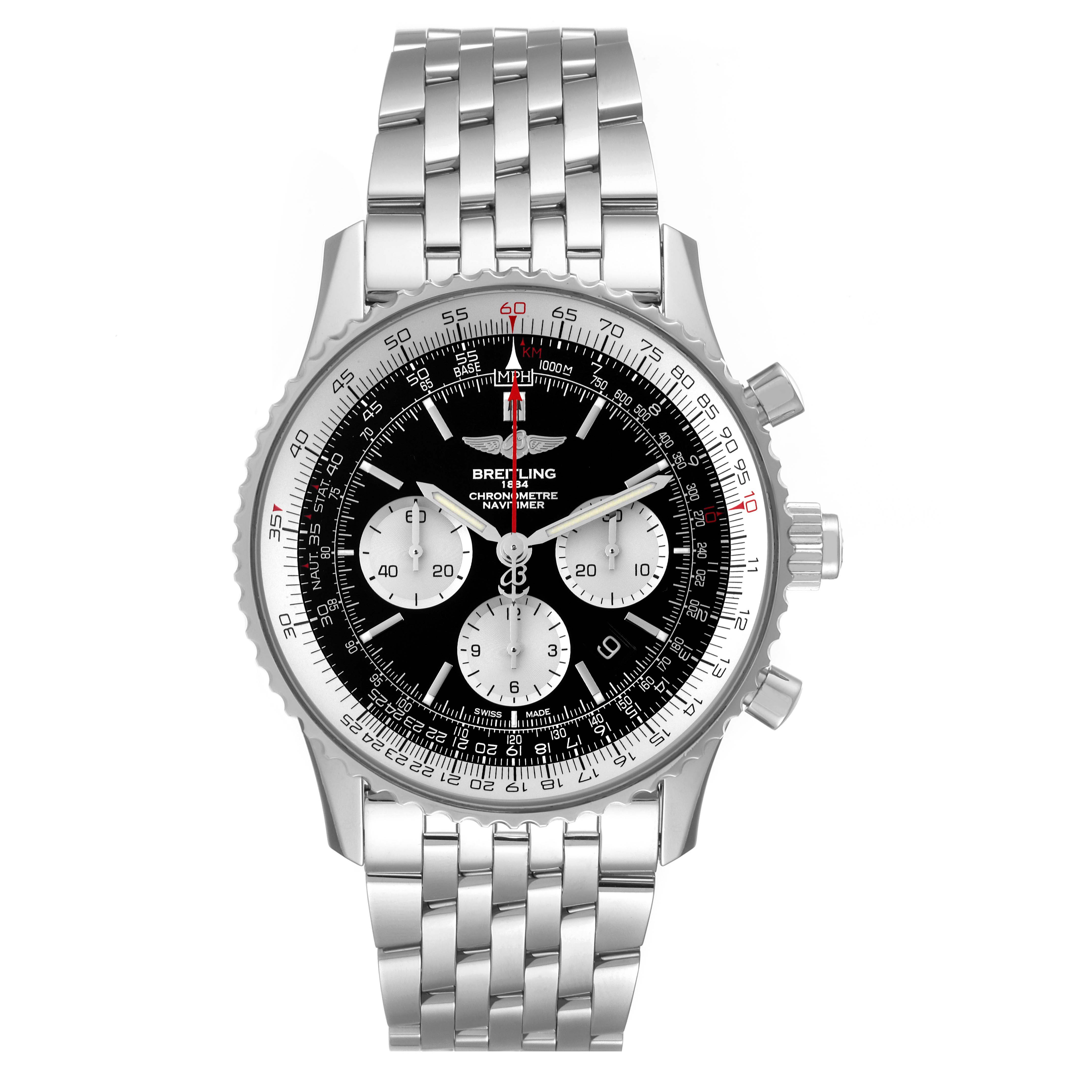 The image shows a front view of a Breitling Navitimer AB0310 Men's Stainless Steel Black Dial AB0310 Men's Stainless Steel Black Dial watch, highlighting its dial, chronograph sub-dials, bezel, and metal bracelet.