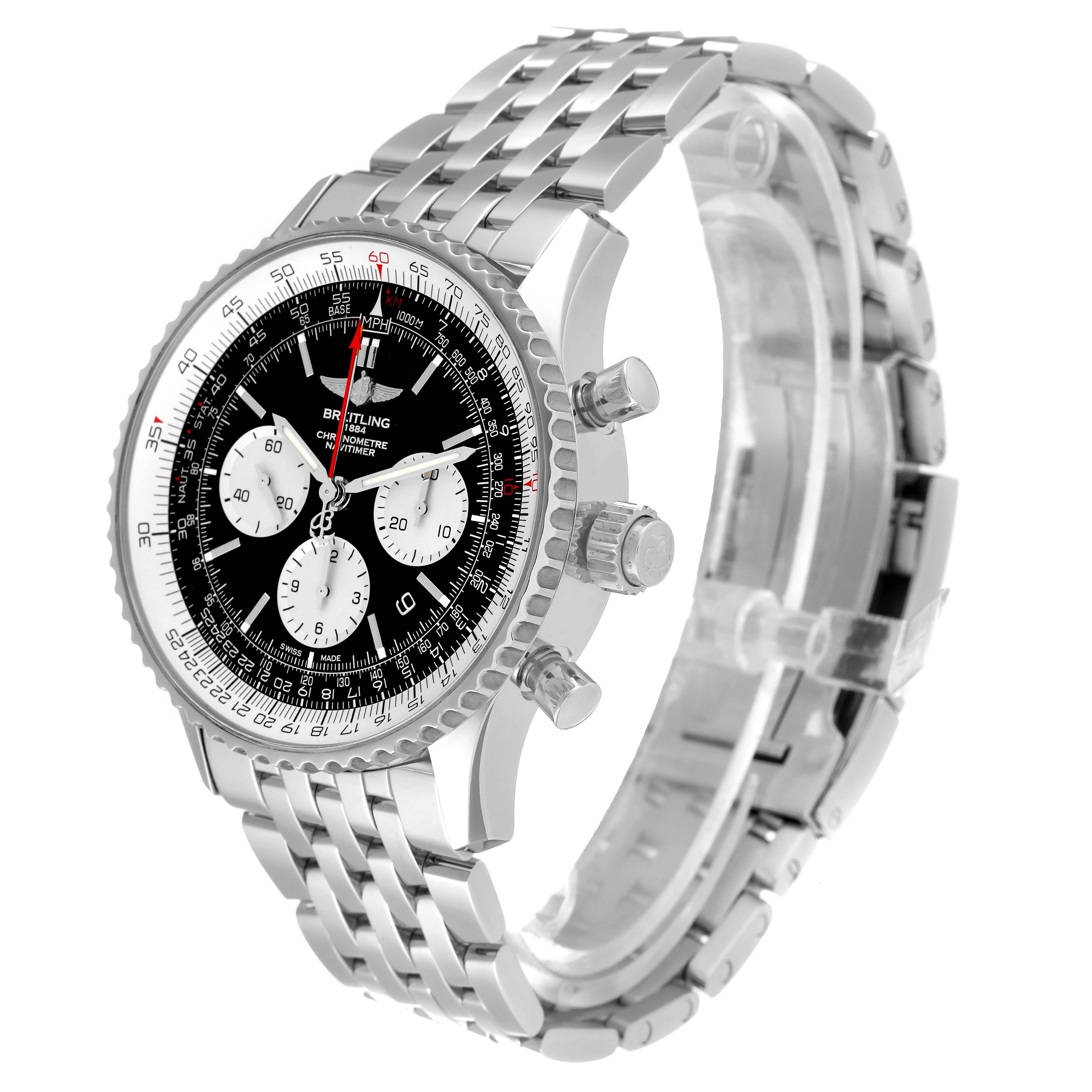 The image shows a side and front view of a Breitling Navitimer AB0310 Men's Stainless Steel Black Dial AB0310 Men's Stainless Steel Black Dial watch, highlighting its bezel, dial, crown, pushers, and metal bracelet.