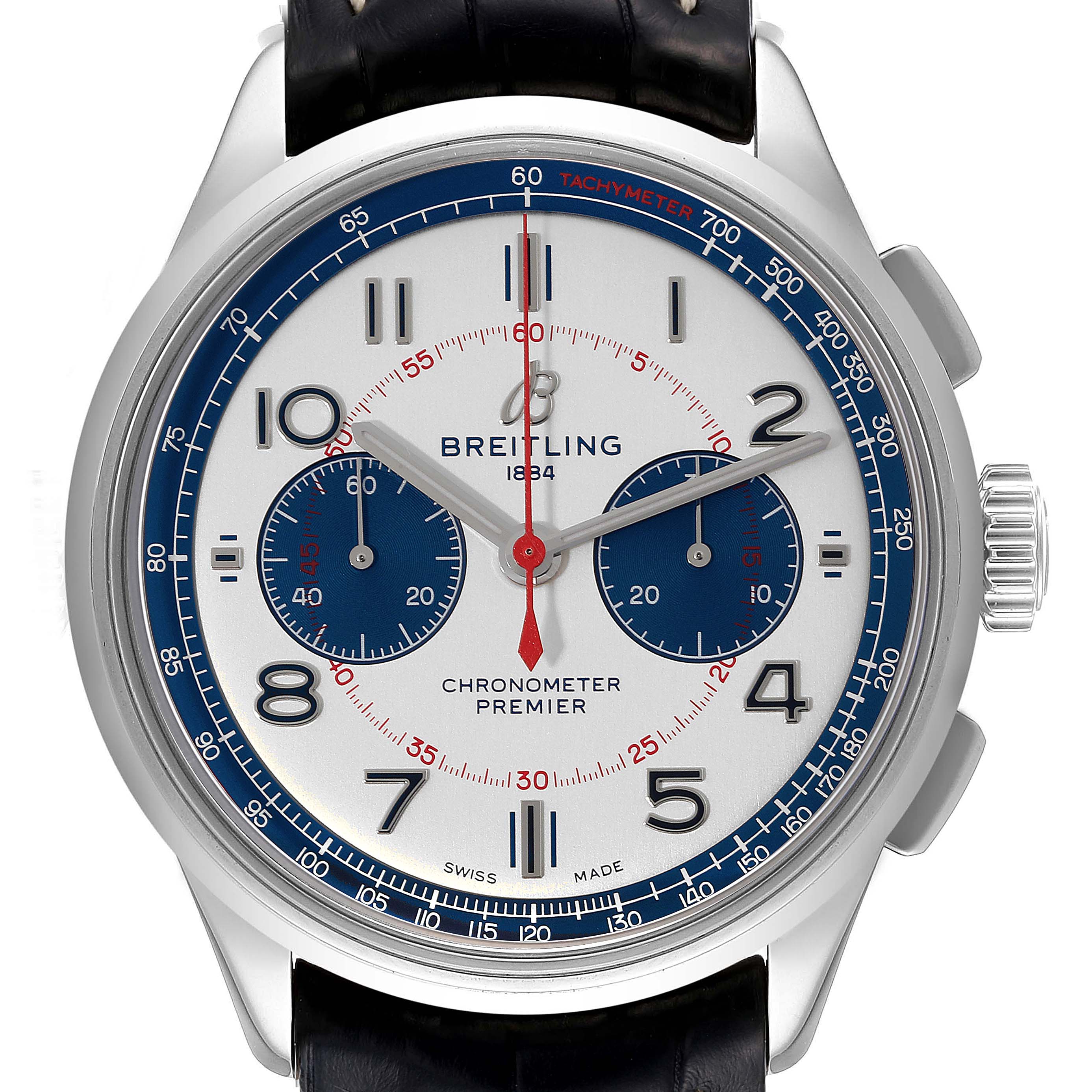 This image shows a front view of a Breitling Premier AB0118/AB0118A71G1P1 Men's Stainless Steel Silver Dial AB0118/AB0118A71G1P1 Men's Stainless Steel Silver Dial model watch, displaying its dial, hands, subdials, and tachymeter.