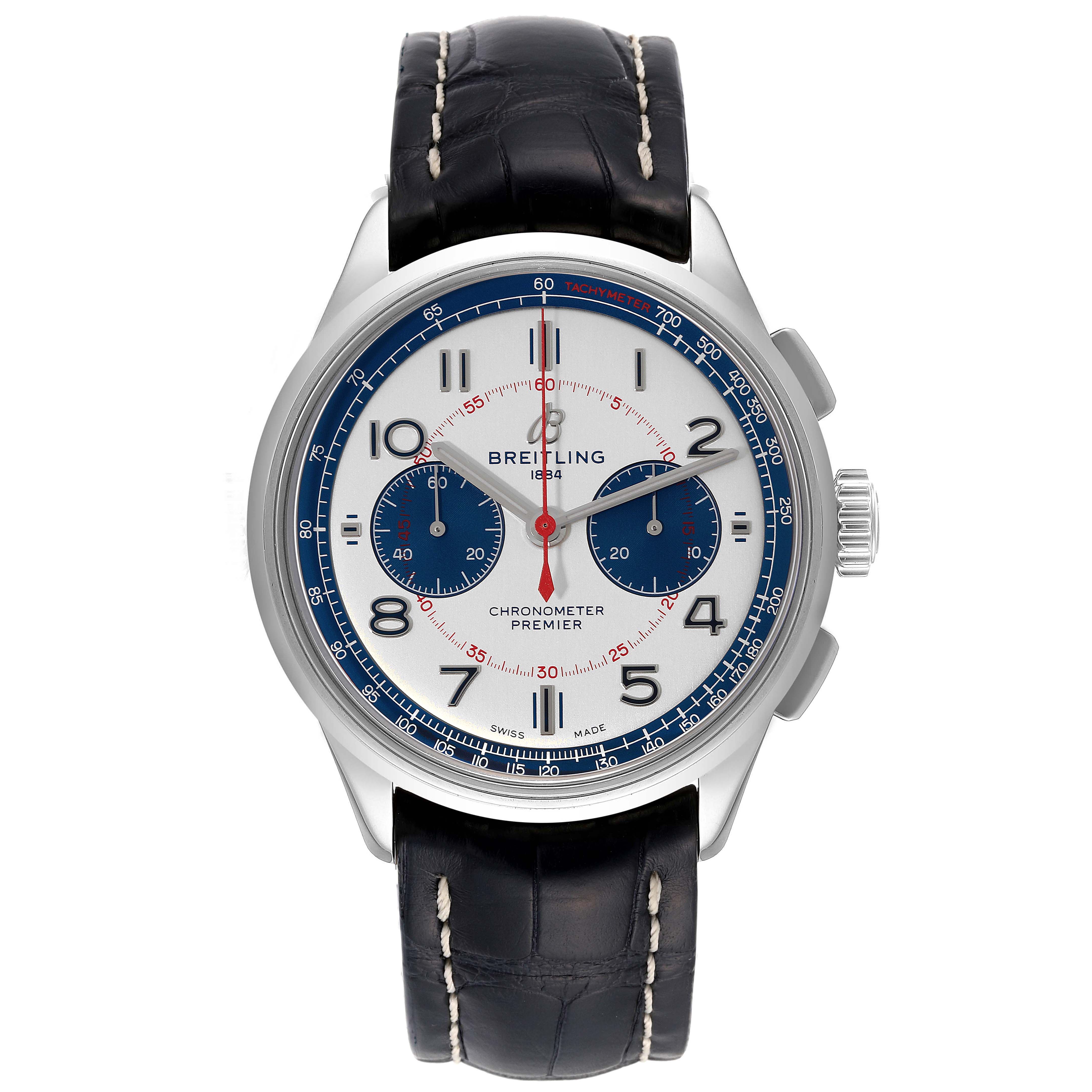 This is a front view of a Breitling Premier AB0118/AB0118A71G1P1 Men's Stainless Steel Silver Dial AB0118/AB0118A71G1P1 Men's Stainless Steel Silver Dial watch showing its face, bezel, crown, and leather strap.