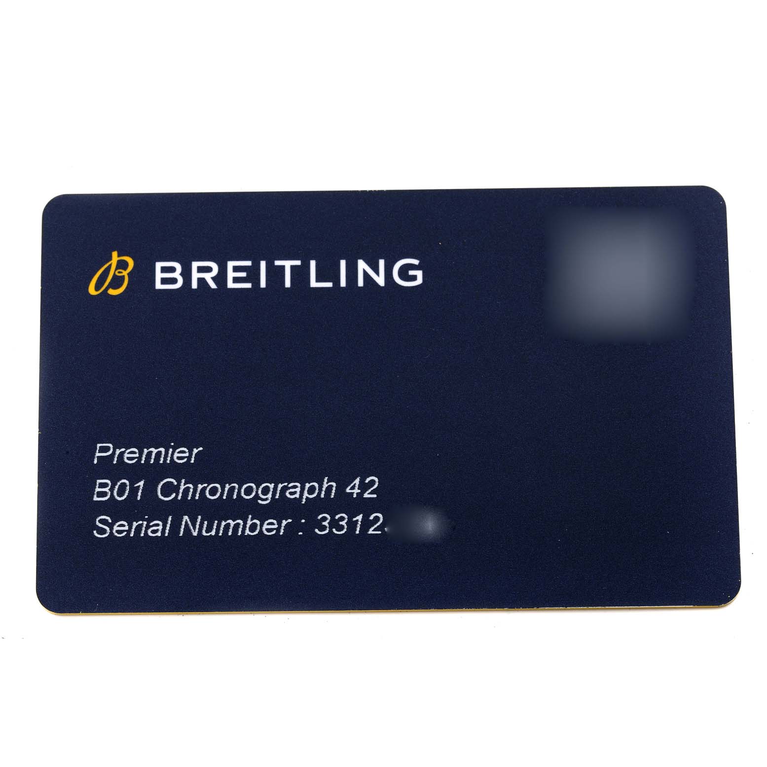 The image shows a warranty or authenticity card for the Breitling Premier AB0118/AB0118A71G1P1 Men's Stainless Steel Silver Dial AB0118/AB0118A71G1P1 Men's Stainless Steel Silver Dial B01 Chronograph 42 model.