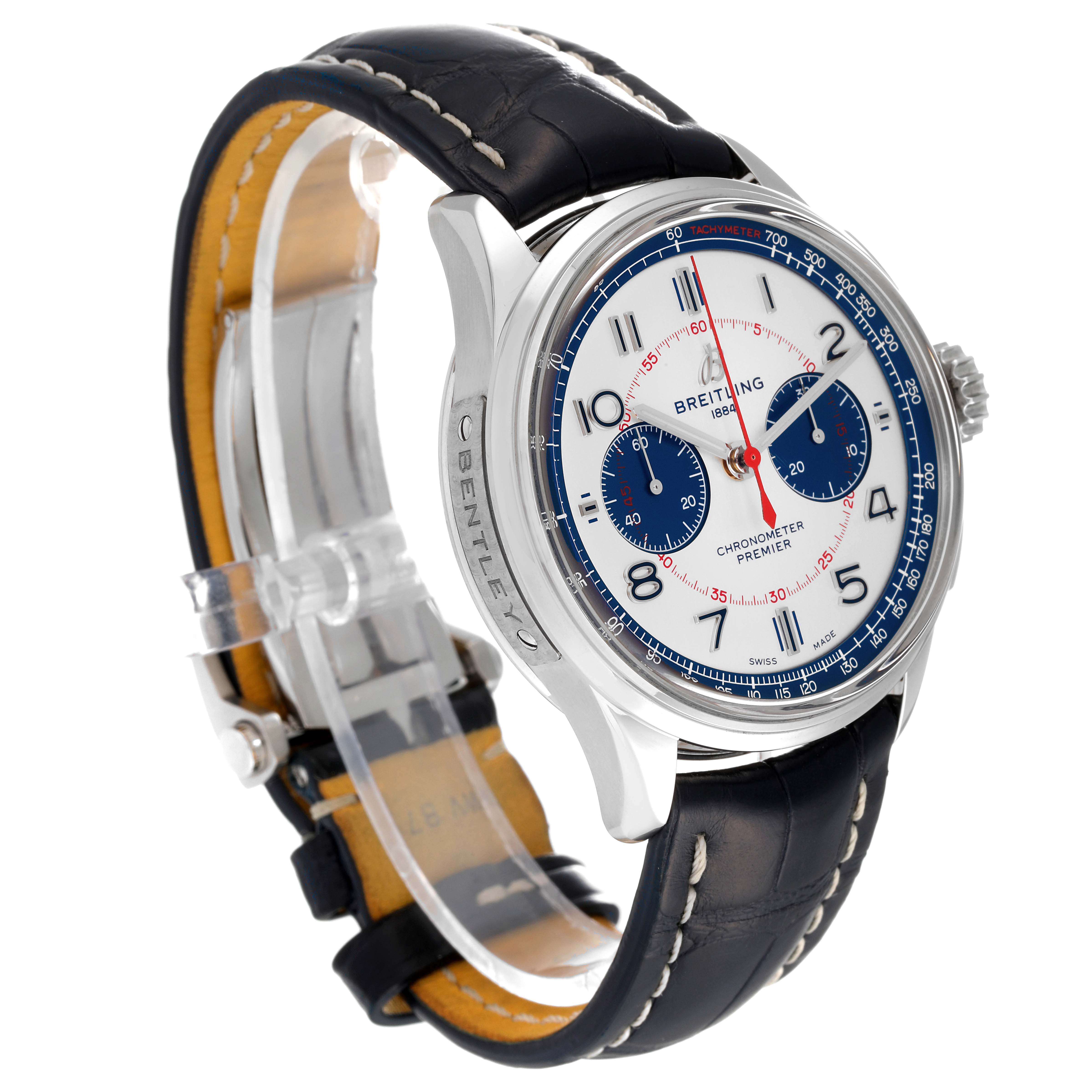 The image shows a Breitling Premier AB0118/AB0118A71G1P1 Men's Stainless Steel Silver Dial AB0118/AB0118A71G1P1 Men's Stainless Steel Silver Dial watch at a three-quarter angle, displaying the watch face, bezel, crown, and leather strap.