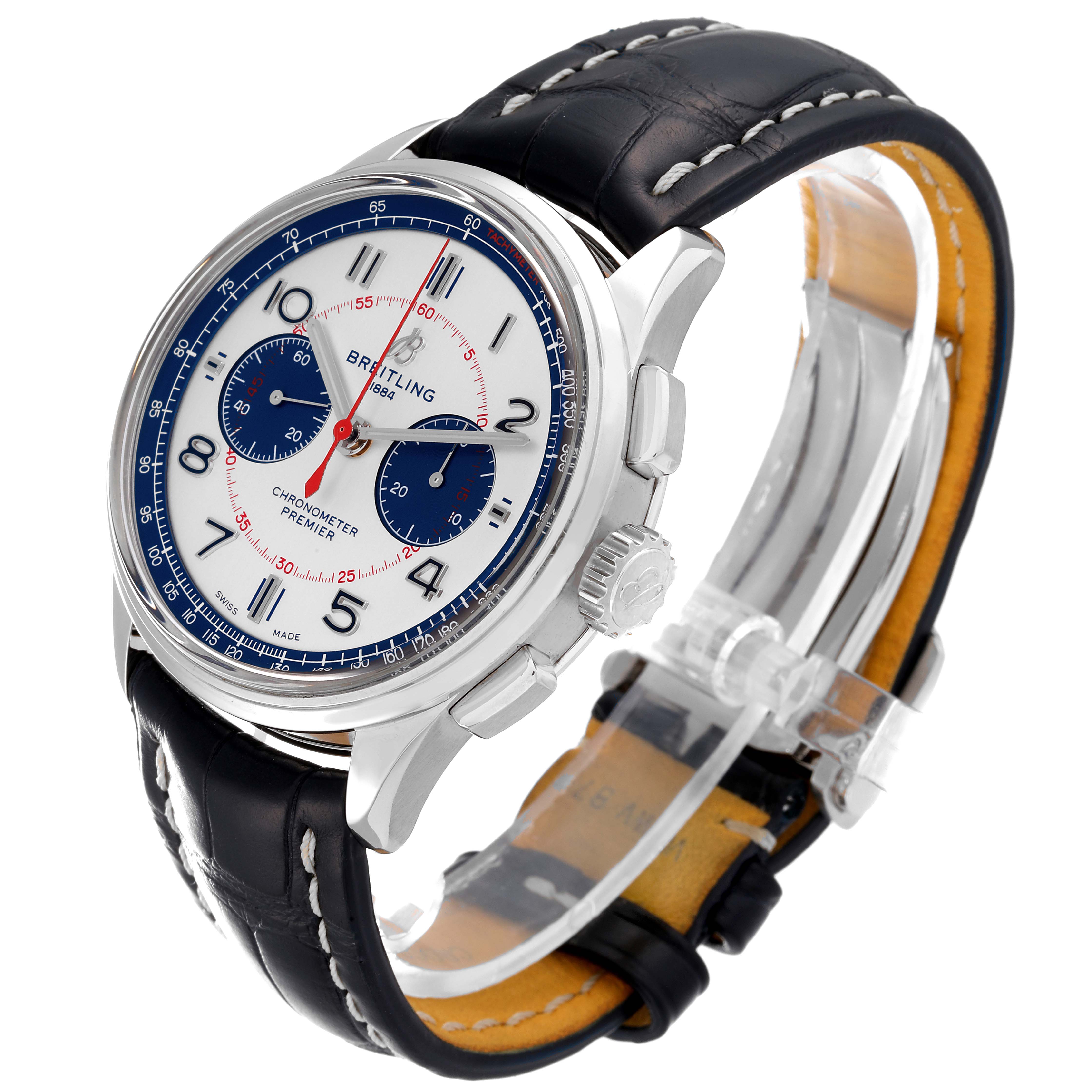 The Breitling Premier AB0118/AB0118A71G1P1 Men's Stainless Steel Silver Dial AB0118/AB0118A71G1P1 Men's Stainless Steel Silver Dial watch is shown from a side angle, highlighting the dial, bezel, crown, and leather strap.