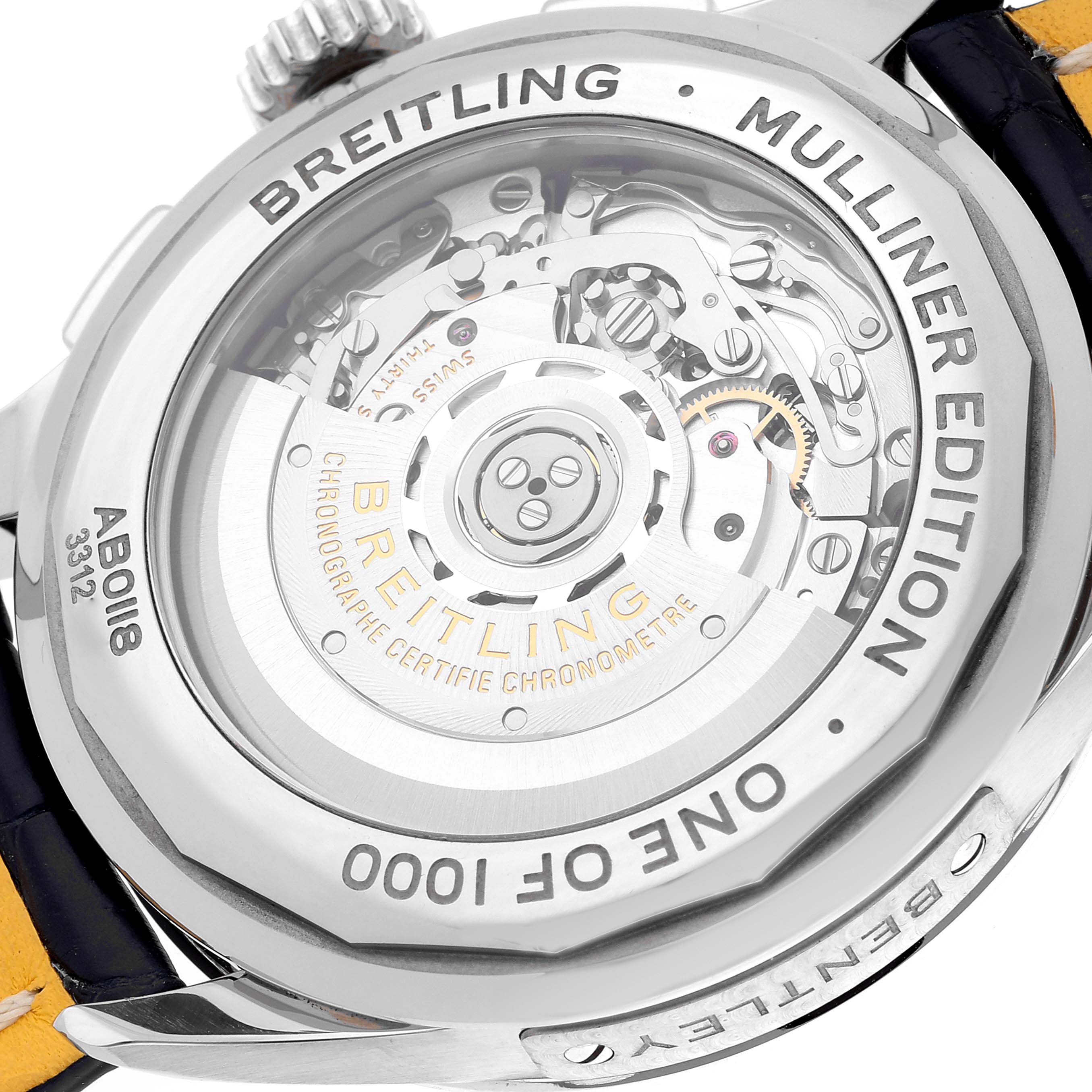 The image shows the back of the Breitling Premier AB0118/AB0118A71G1P1 Men's Stainless Steel Silver Dial AB0118/AB0118A71G1P1 Men's Stainless Steel Silver Dial Mulliner Edition watch, highlighting its inner mechanical components.