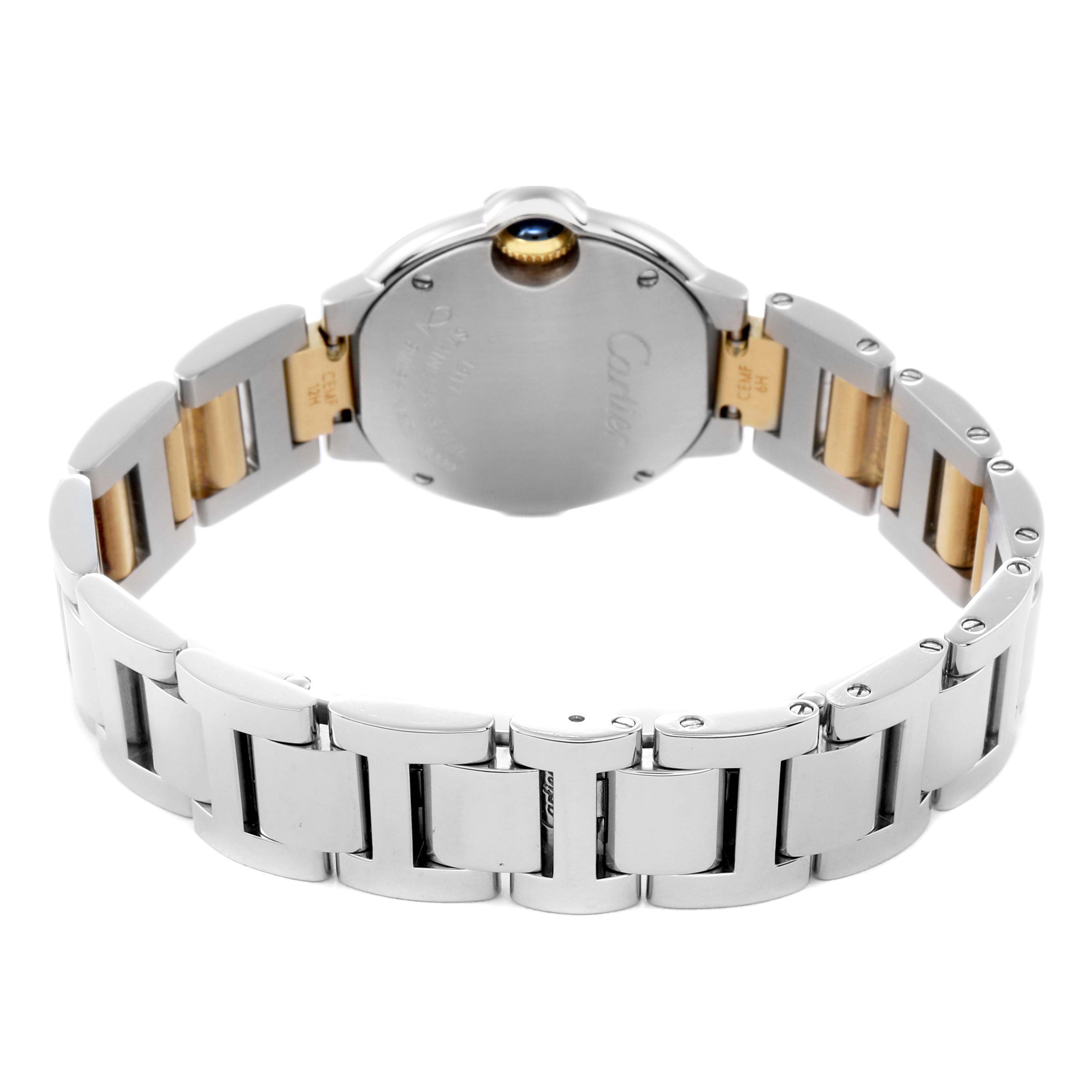 The image shows the back view of the Cartier Ballon Bleu Watch model W69007Z3, focusing on the bracelet and case back.