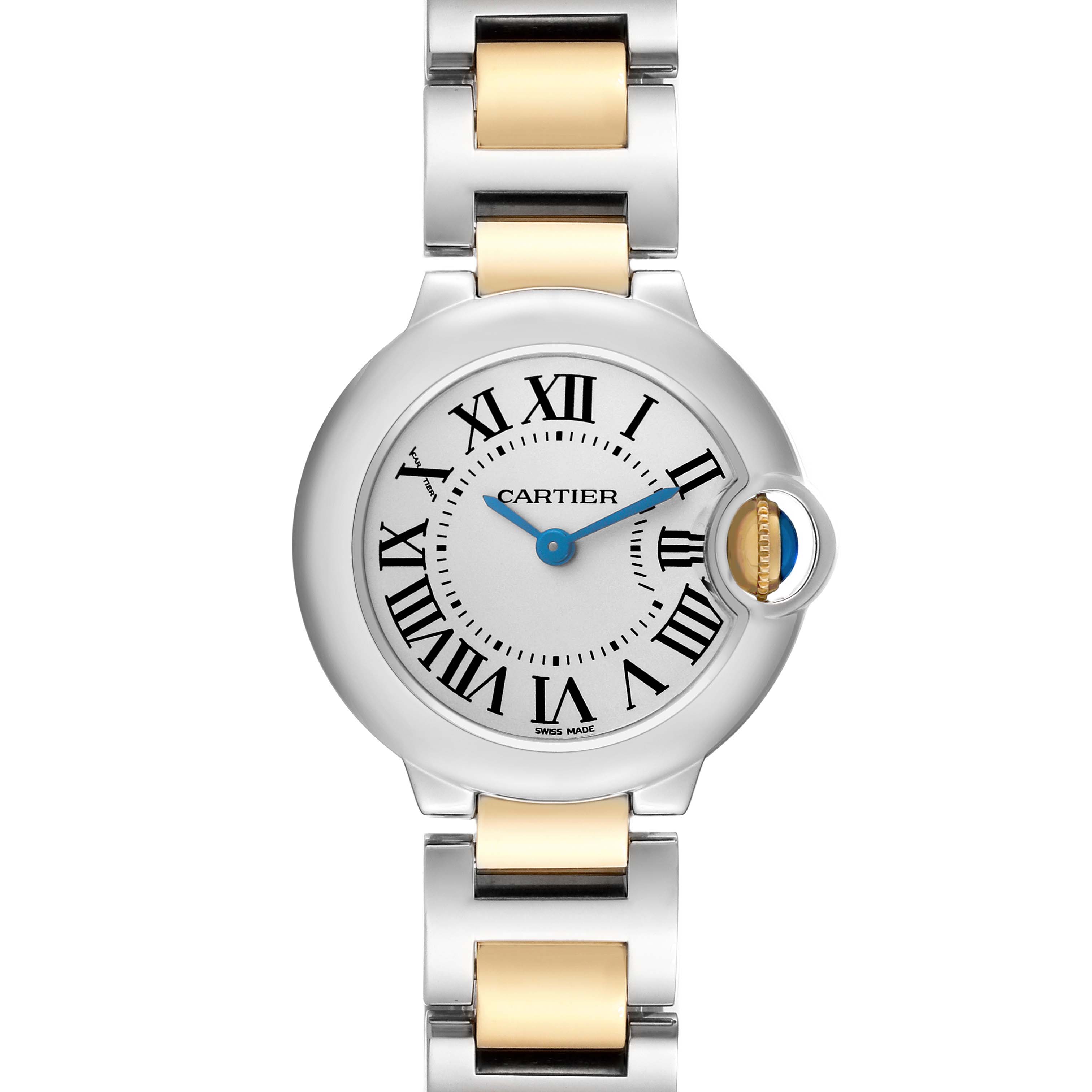 The Cartier Ballon Bleu model W69007Z3 watch is shown from a top-down angle, highlighting its round face, Roman numerals, blue hands, and two-tone bracelet.