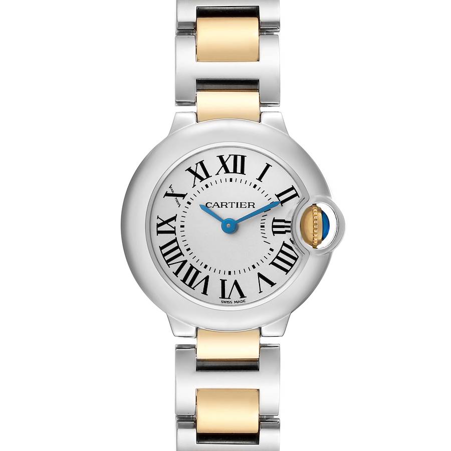 The Cartier Ballon Bleu model W69007Z3 watch is shown from a top-down angle, highlighting its round face, Roman numerals, blue hands, and two-tone bracelet.