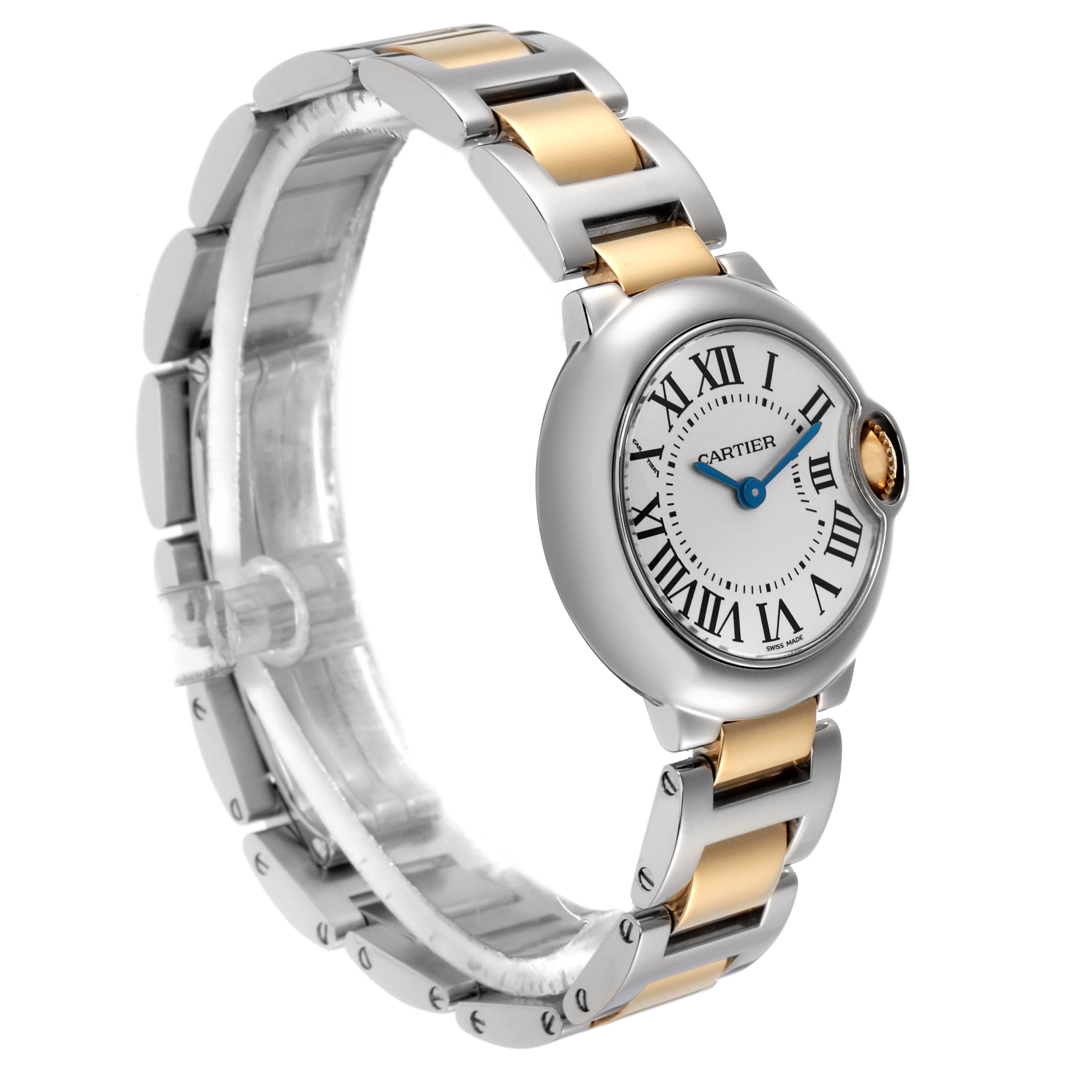 The Cartier Ballon Bleu W69007Z3 men's watch is shown at an angled view, highlighting its round case, Roman numeral dial, and bi-metal bracelet.