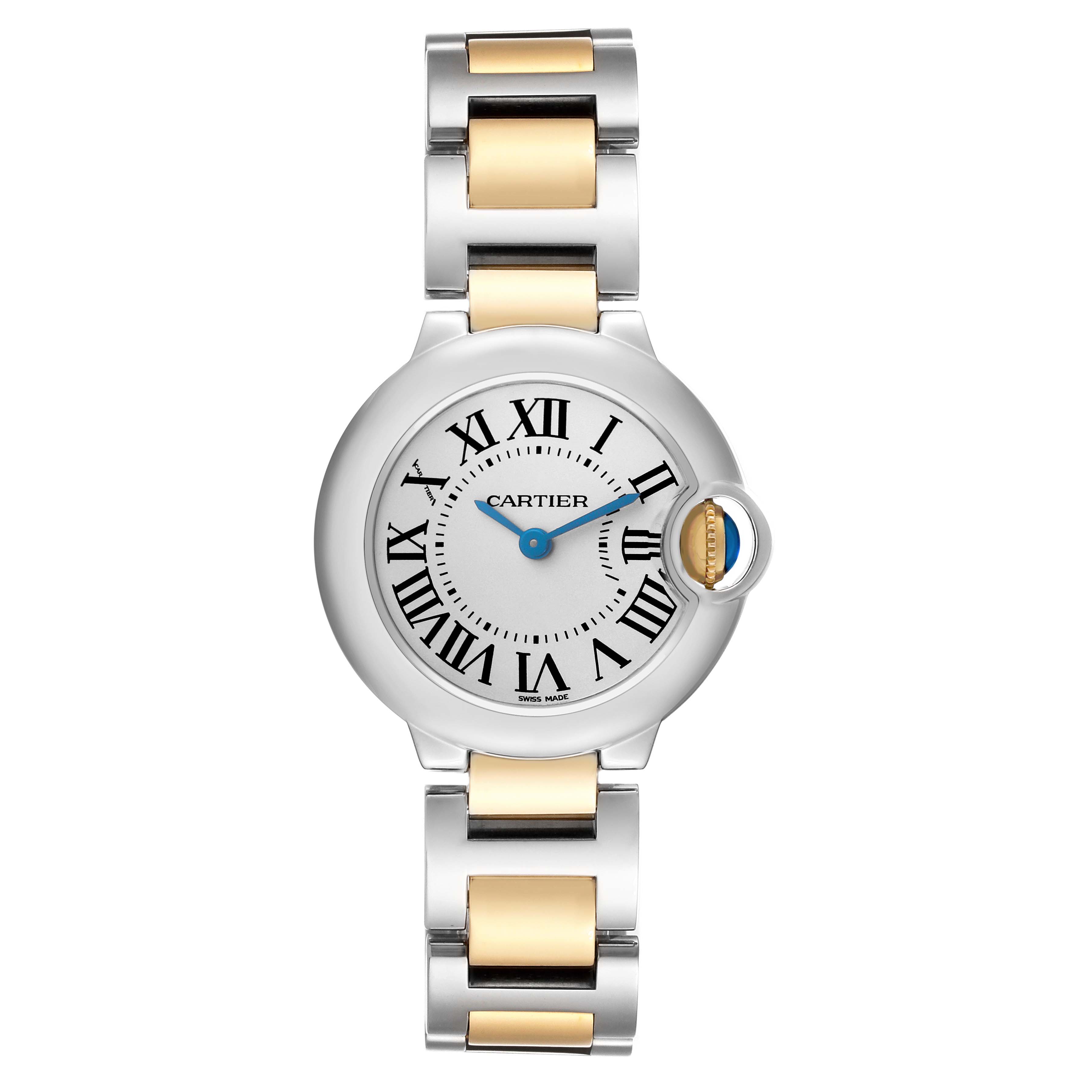 The Cartier Ballon Bleu model W69007Z3 is shown from a front angle, highlighting its round case, Roman numeral dial, blue hands, and two-tone metal bracelet.