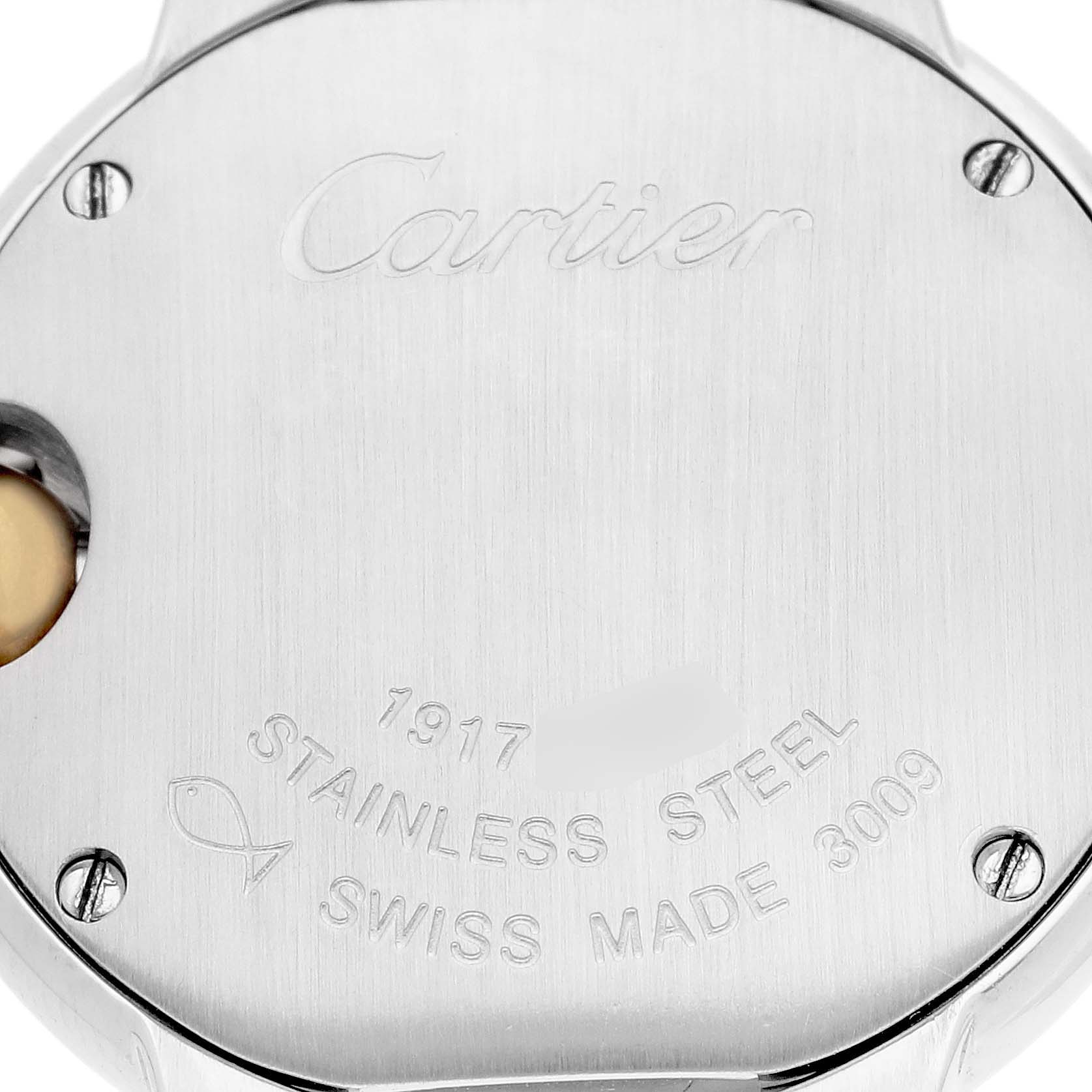 The image shows the back case of a Cartier Ballon Bleu model W69007Z3 men's watch, highlighting the brand name and Swiss Made engraving.