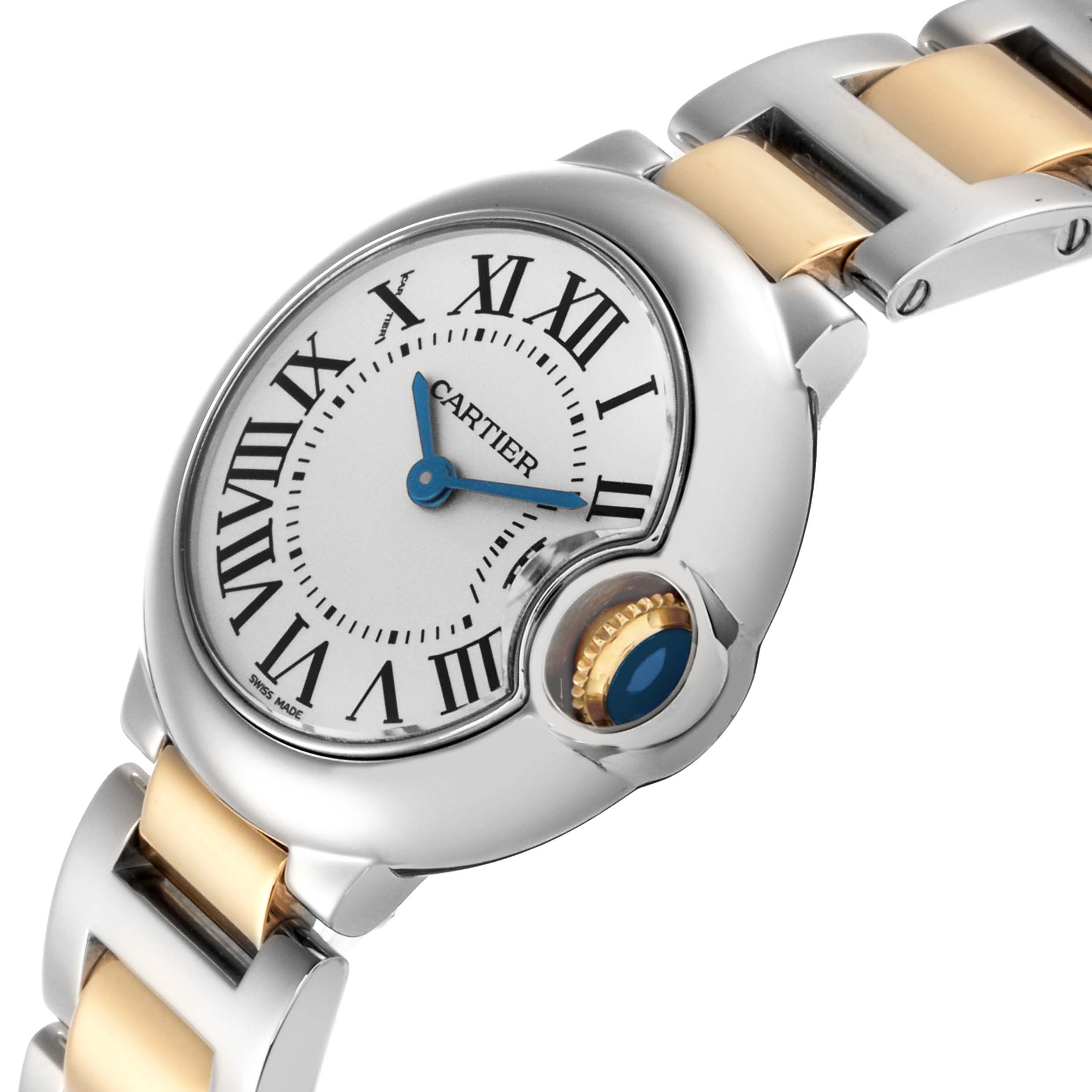 The Cartier Ballon Bleu model W69007Z3 watch is shown from a slightly angled top view, displaying the face, Roman numeral markers, blue hands, and part of the bracelet.