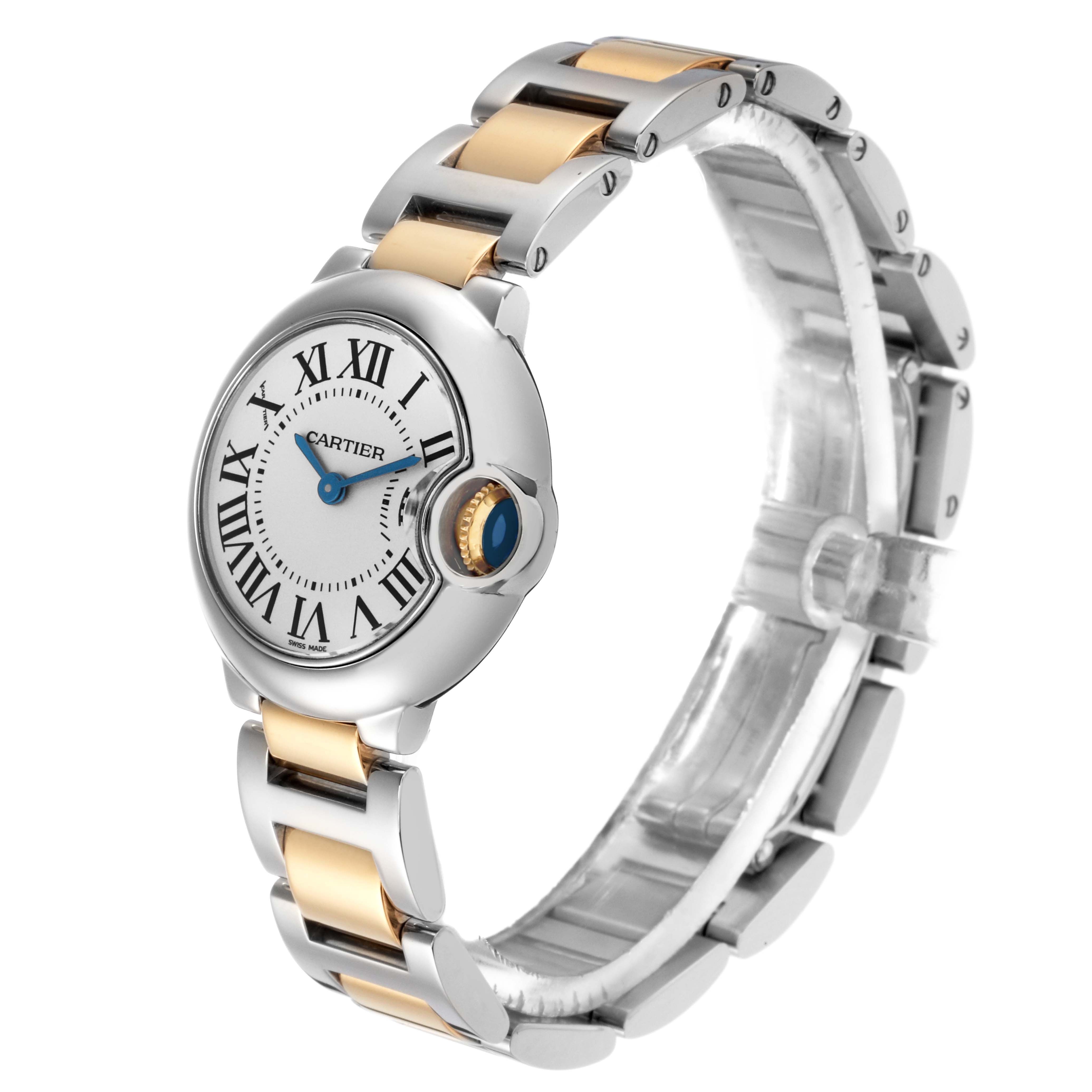 The Cartier Ballon Bleu model W69007Z3 is shown at a three-quarter angle, highlighting the round case, Roman numeral face, and two-tone bracelet.