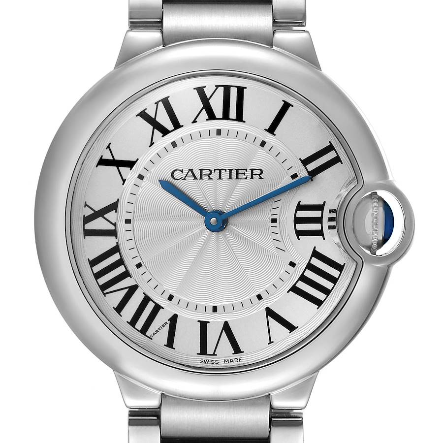 The Cartier Ballon Bleu W69011Z4 men's watch is shown from a front angle, highlighting the dial with Roman numerals, blued hands, and sapphire cabochon crown.