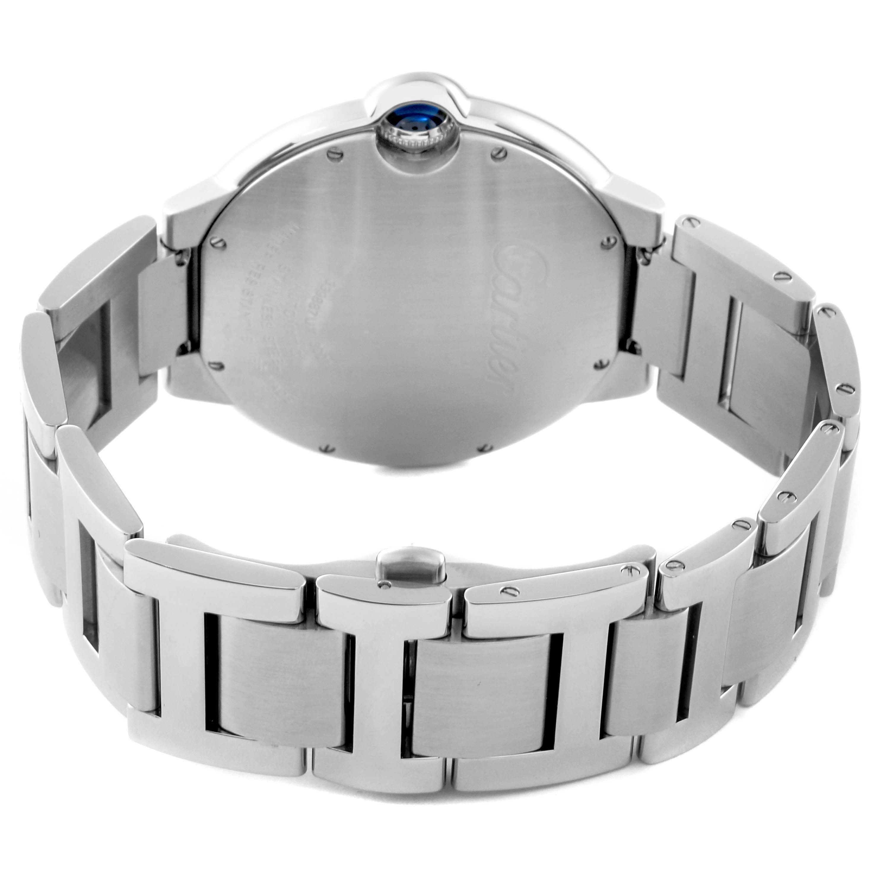 This image shows the back and bracelet of a Cartier Ballon Bleu W69012Z4 Men
s Stainless Steel Silver Dial W69012Z4 Men
s Stainless Steel Silver Dial watch, focusing on the stainless steel links and case back.