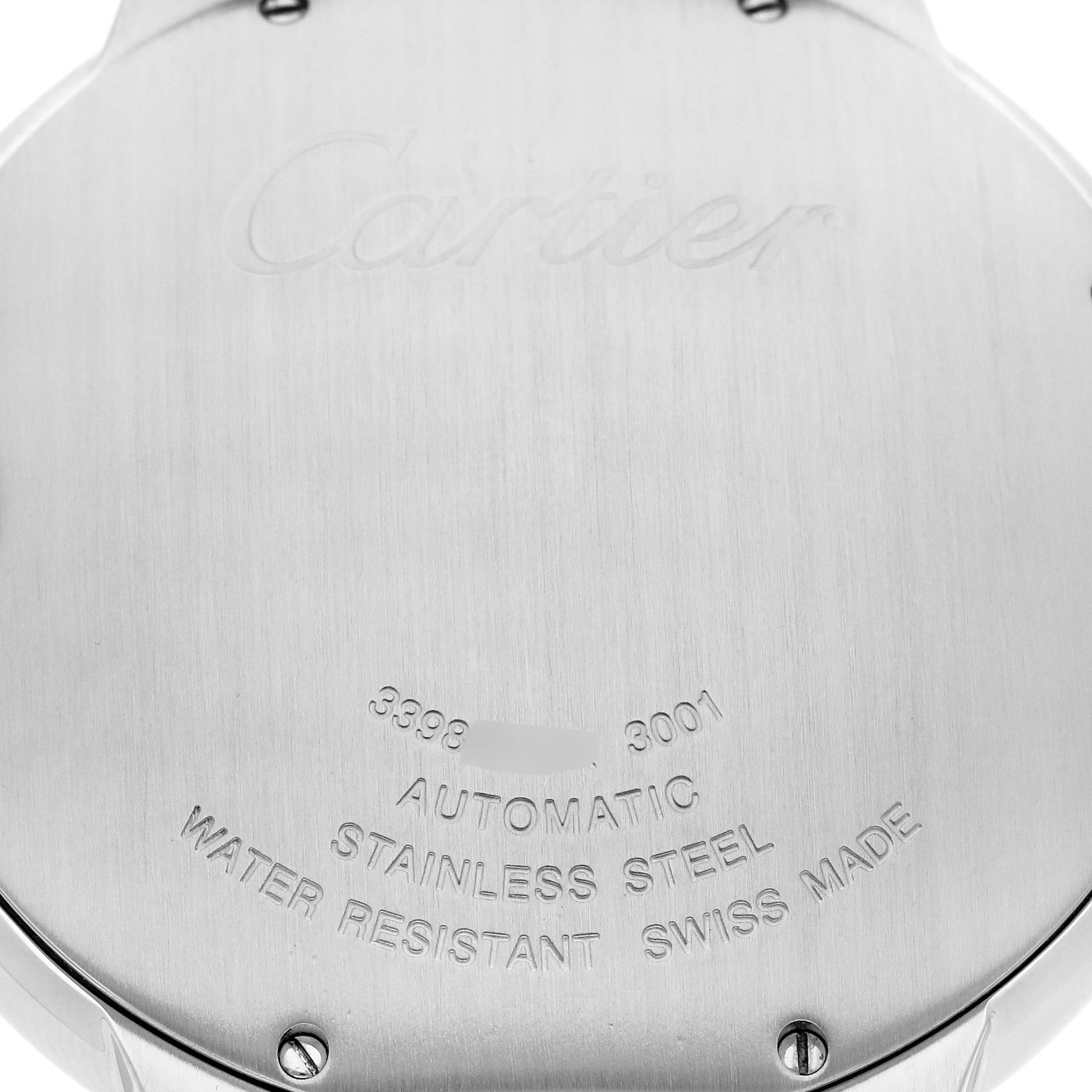 The image shows the back case of a Ballon Bleu watch by Cartier, highlighting the automatics inscriptions and material details.