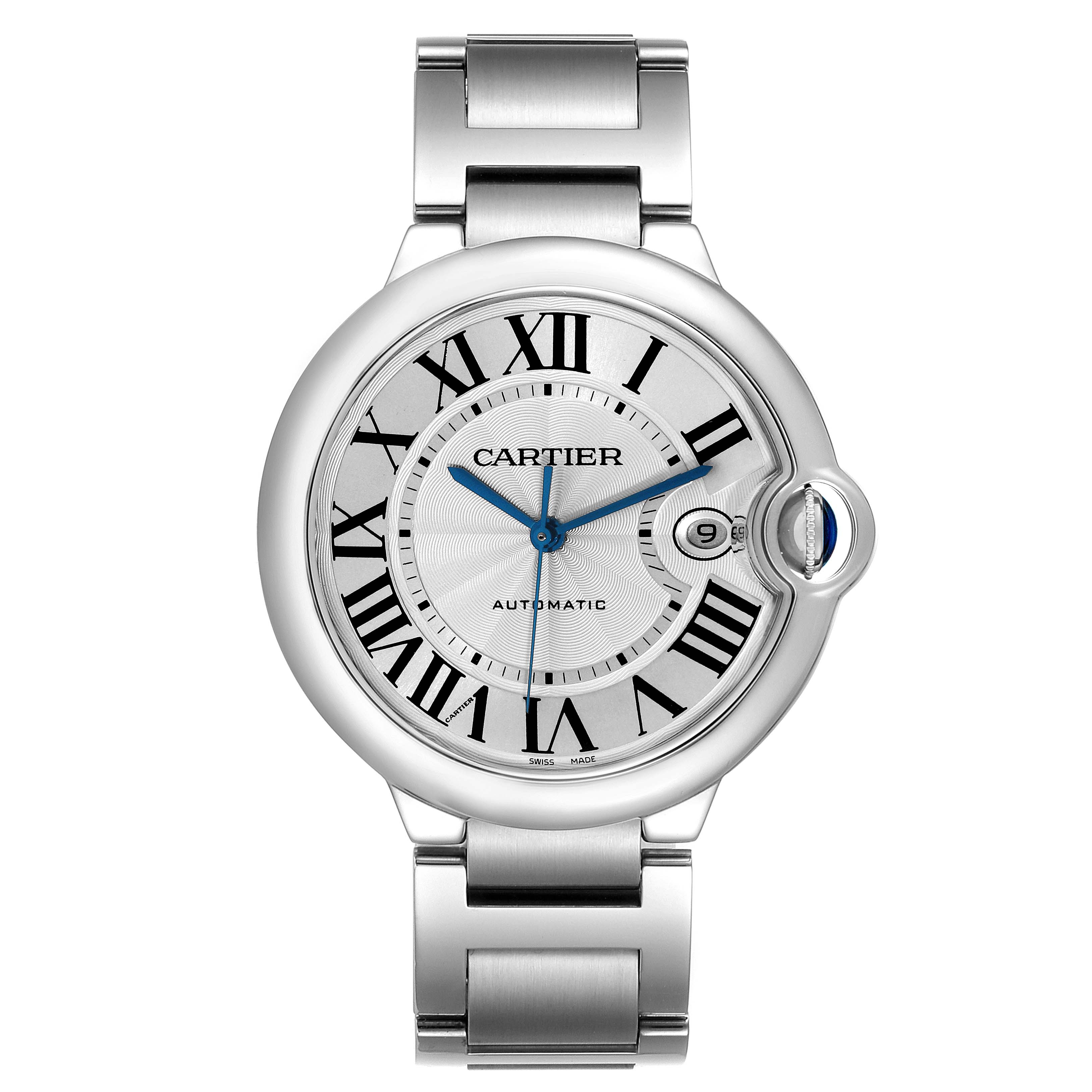 The image shows a Cartier Ballon Bleu W69012Z4 Men
s Stainless Steel Silver Dial W69012Z4 Men
s Stainless Steel Silver Dial watch from a front angle, highlighting its dial, hands, roman numerals, and metal bracelet.