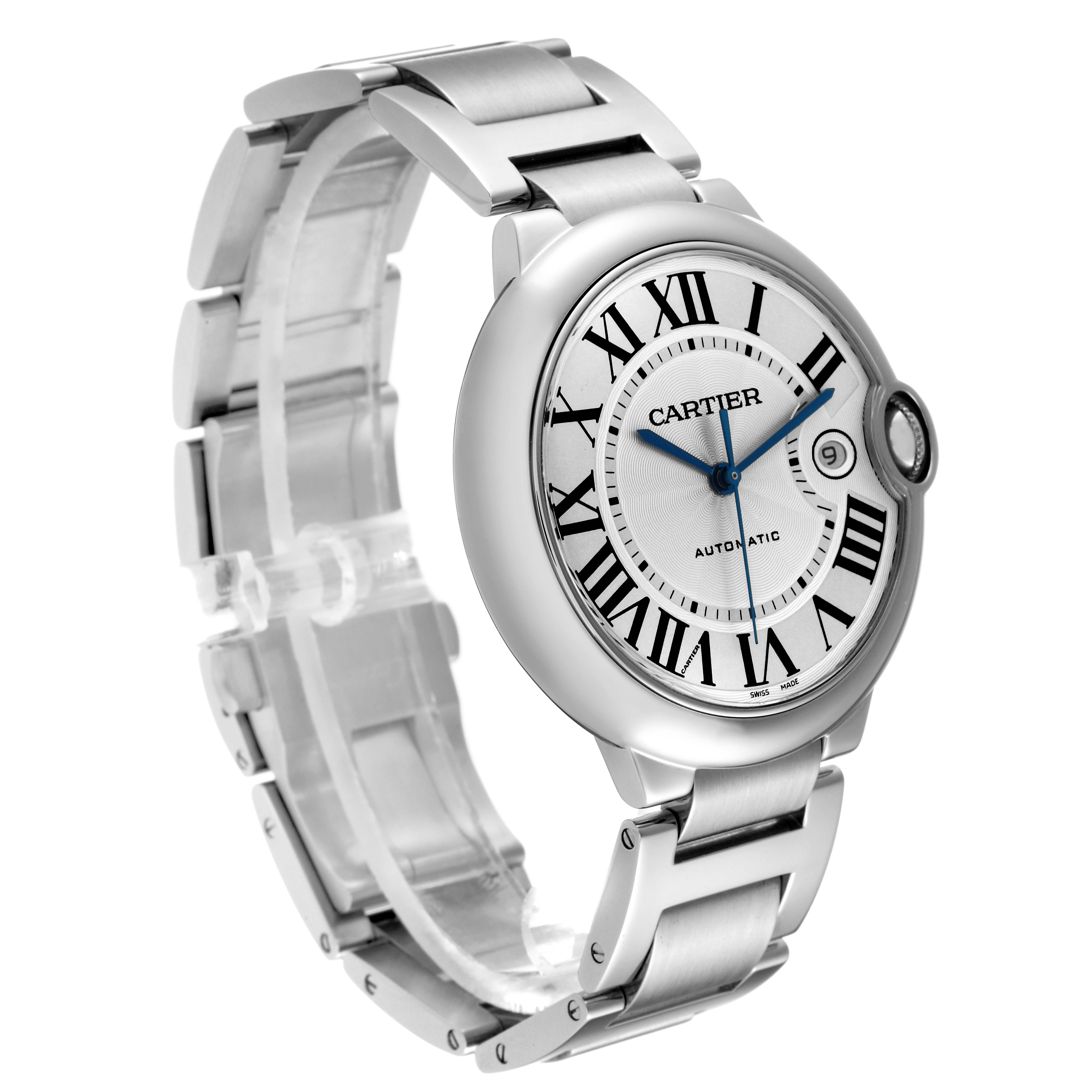The image shows the front and side view of the Cartier Ballon Bleu W69012Z4 Men
s Stainless Steel Silver Dial W69012Z4 Men
s Stainless Steel Silver Dial watch, featuring its round face, Roman numerals, and metal bracelet.