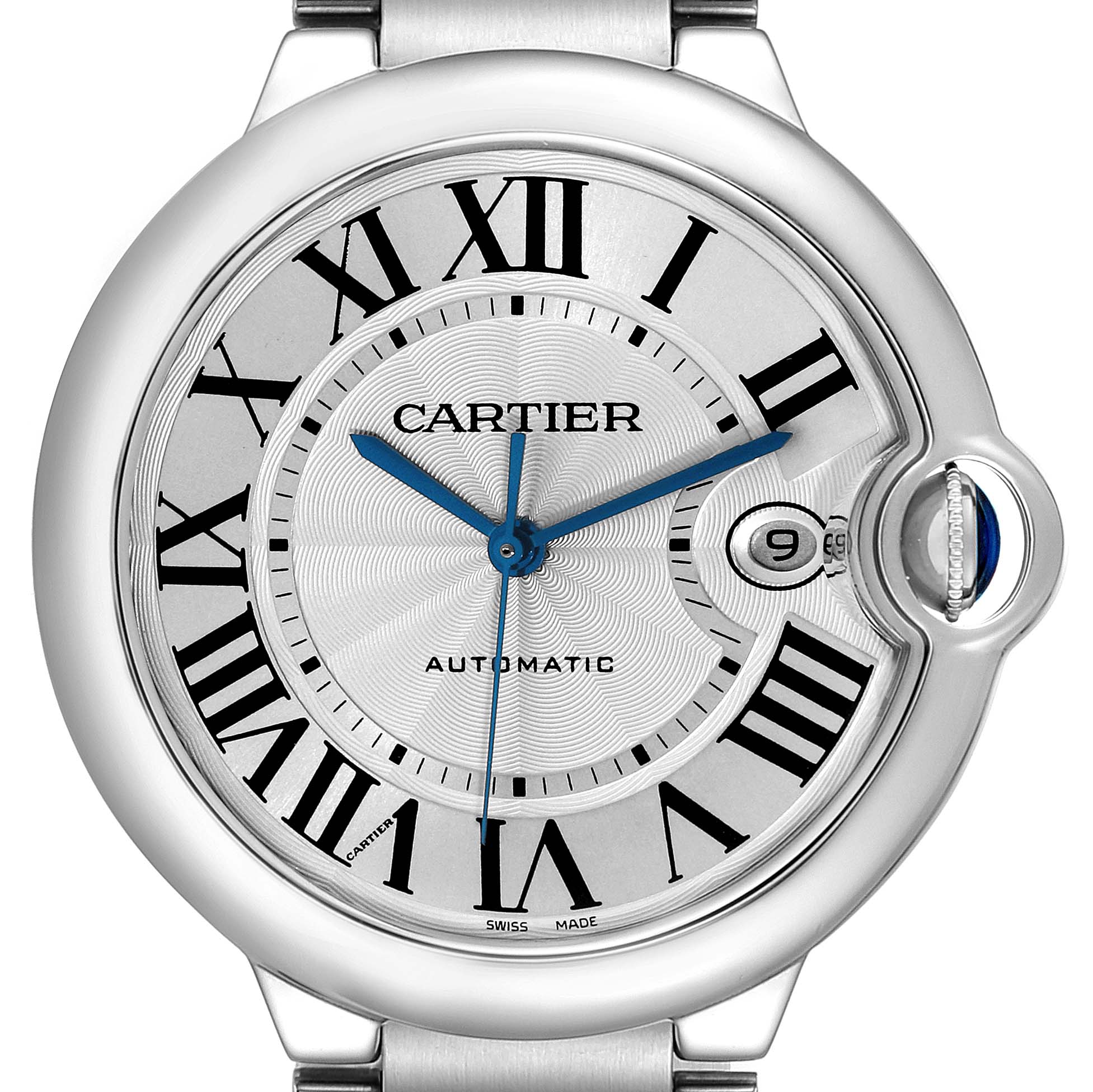 This image shows a close-up, front view of the Cartier Ballon Bleu W69012Z4 Men
s Stainless Steel Silver Dial W69012Z4 Men
s Stainless Steel Silver Dial watch face, highlighting the Roman numerals, blue hands, and date window.