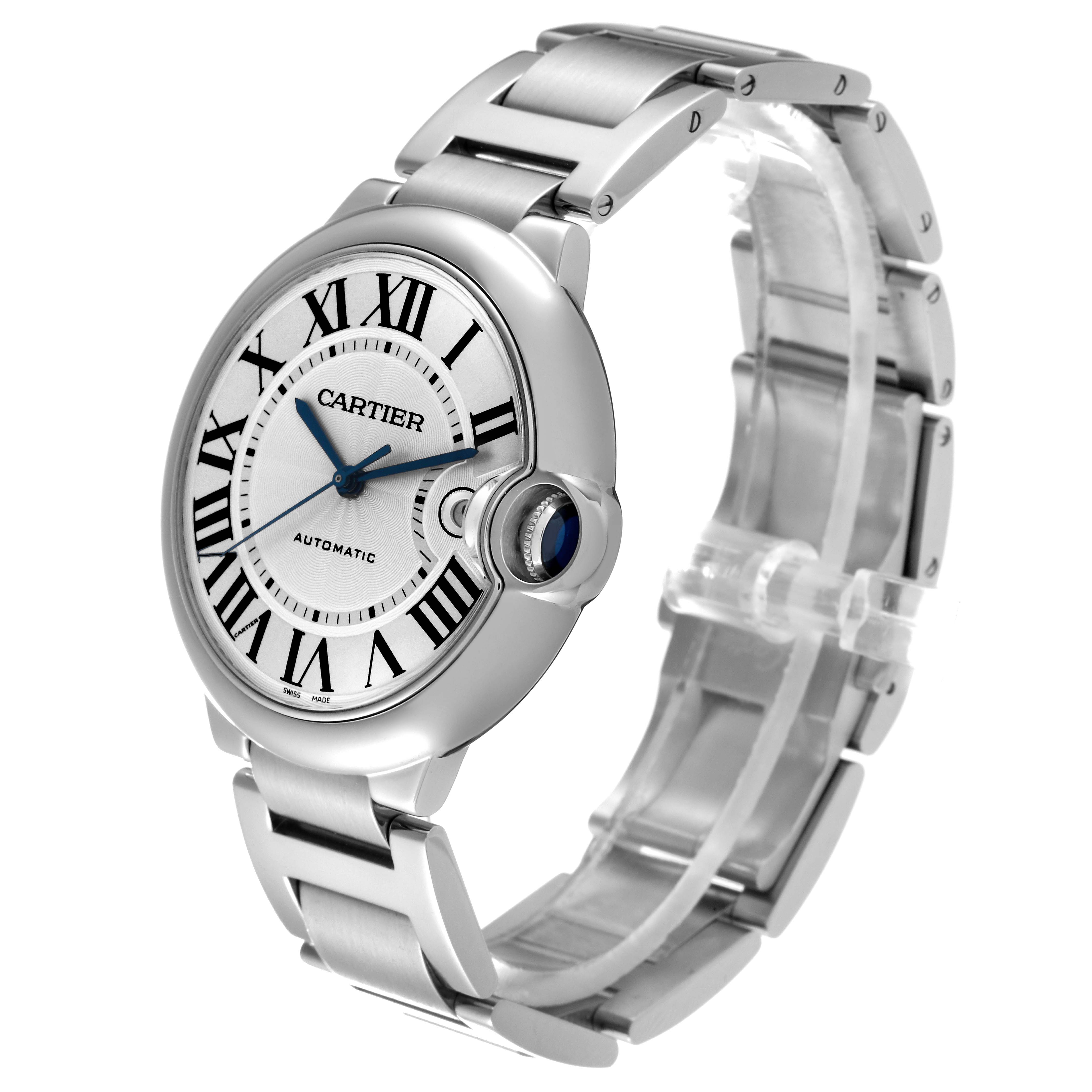 The image shows a Cartier Ballon Bleu W69012Z4 Men
s Stainless Steel Silver Dial W69012Z4 Men
s Stainless Steel Silver Dial watch at an angled view, highlighting the face, crown, and metal bracelet.