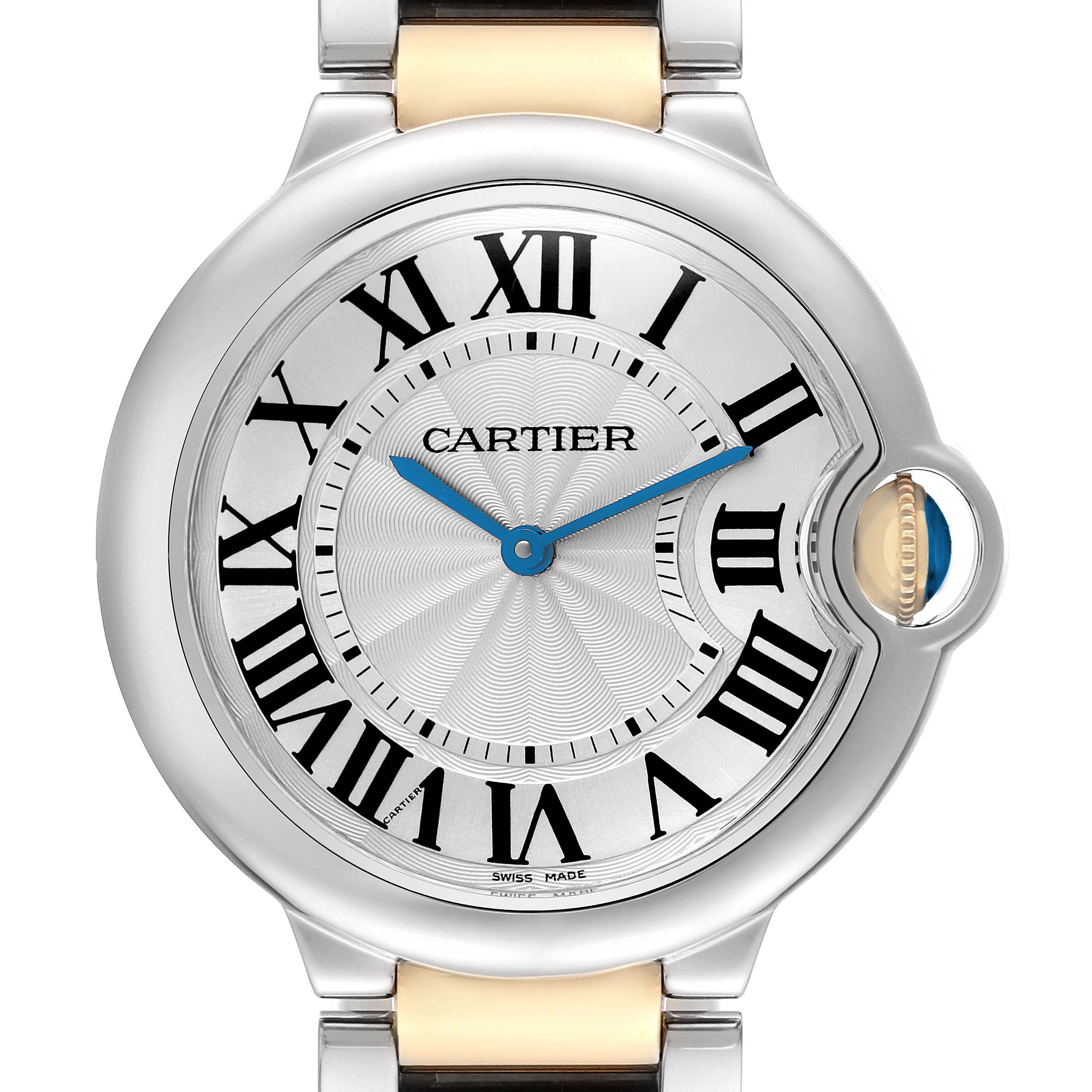 The Cartier Ballon Bleu model W69008Z3 is shown head-on, highlighting its Roman numeral dial, blue hands, and signature crown.