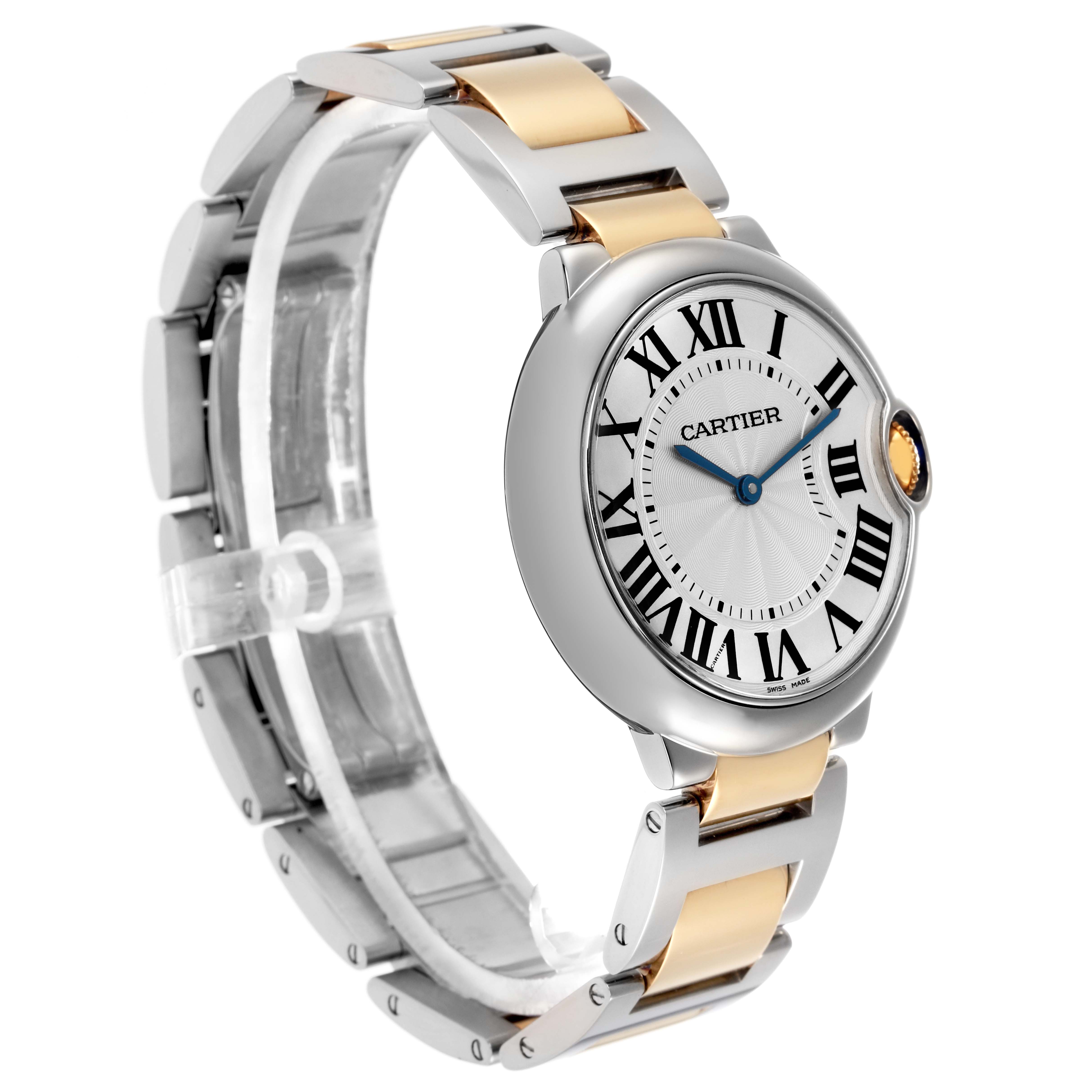 The image shows a Cartier Ballon Bleu W69008Z3 men's watch at a side angle, highlighting the two-tone bracelet and distinctive Roman numeral dial.