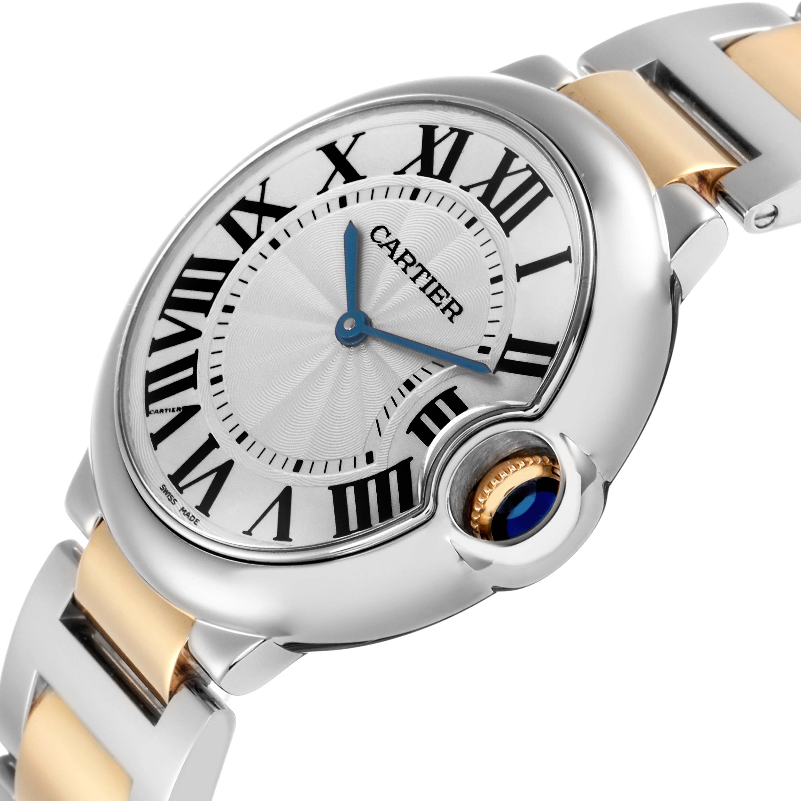 The Cartier Ballon Bleu model W69008Z3 men's watch is shown at an angled close-up, highlighting the face, Roman numerals, blue hands, and part of the band.