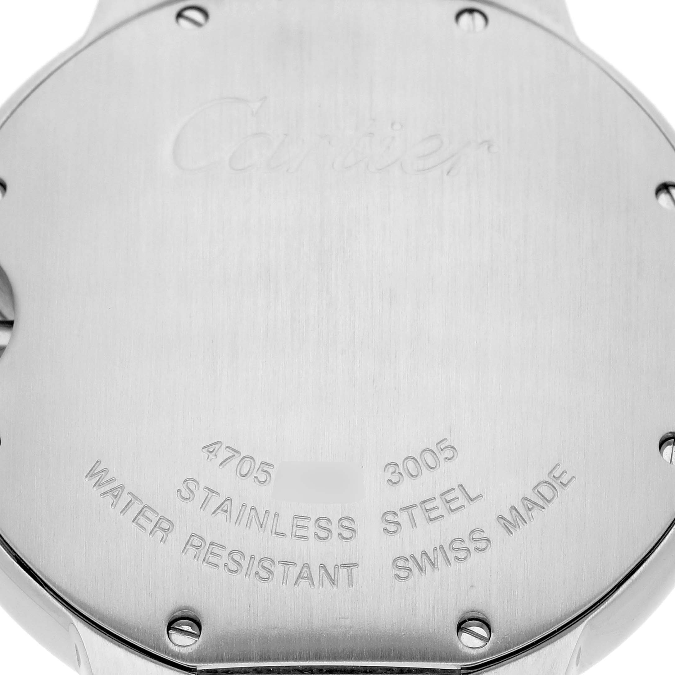 The image shows the back case of the Cartier Ballon Bleu watch, model number W69008Z3, displaying engraving details like "Stainless Steel" and "Water Resistant."