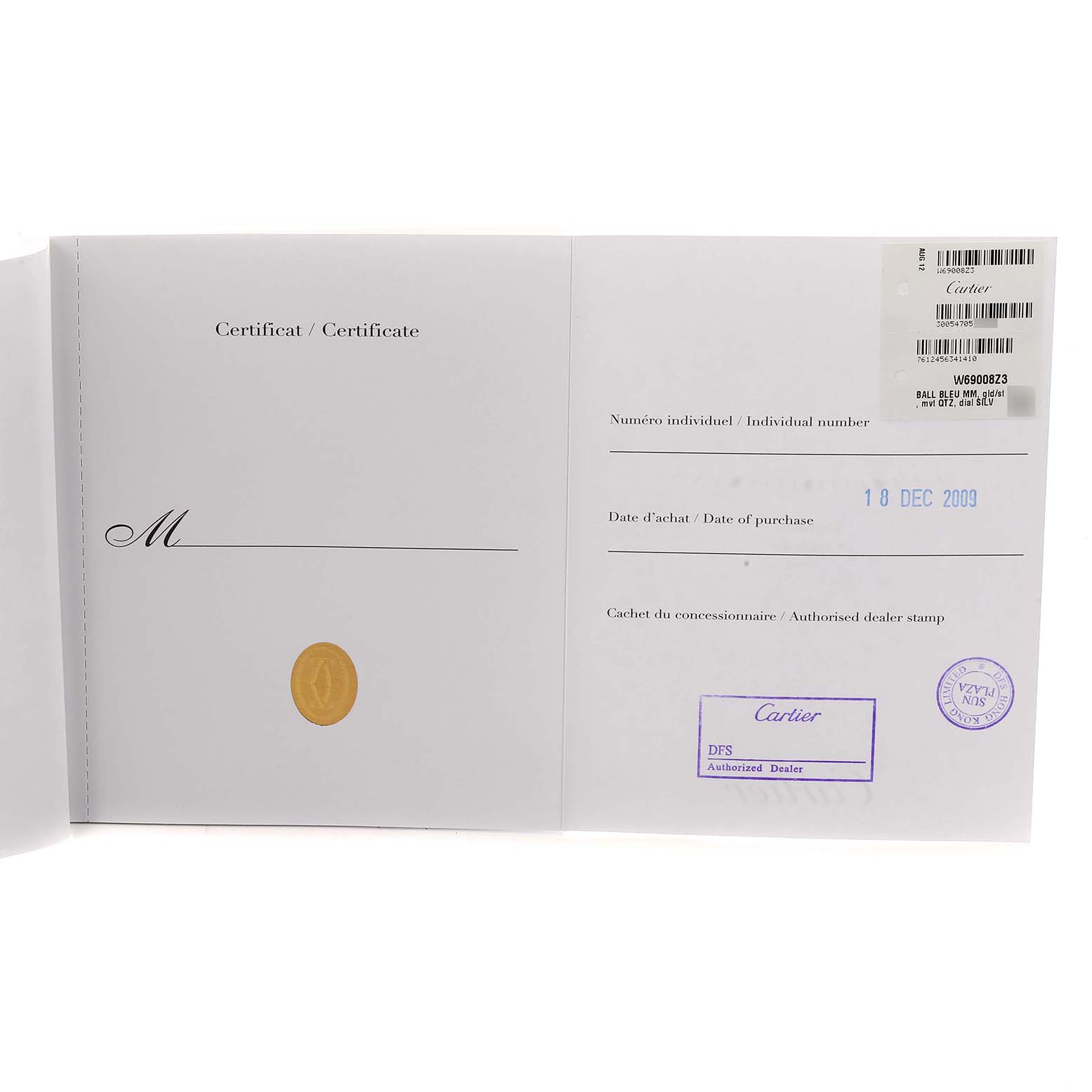 The image shows the certificate for a Cartier Ballon Bleu watch, model number W69008Z3, with date of purchase and dealer stamp visible.