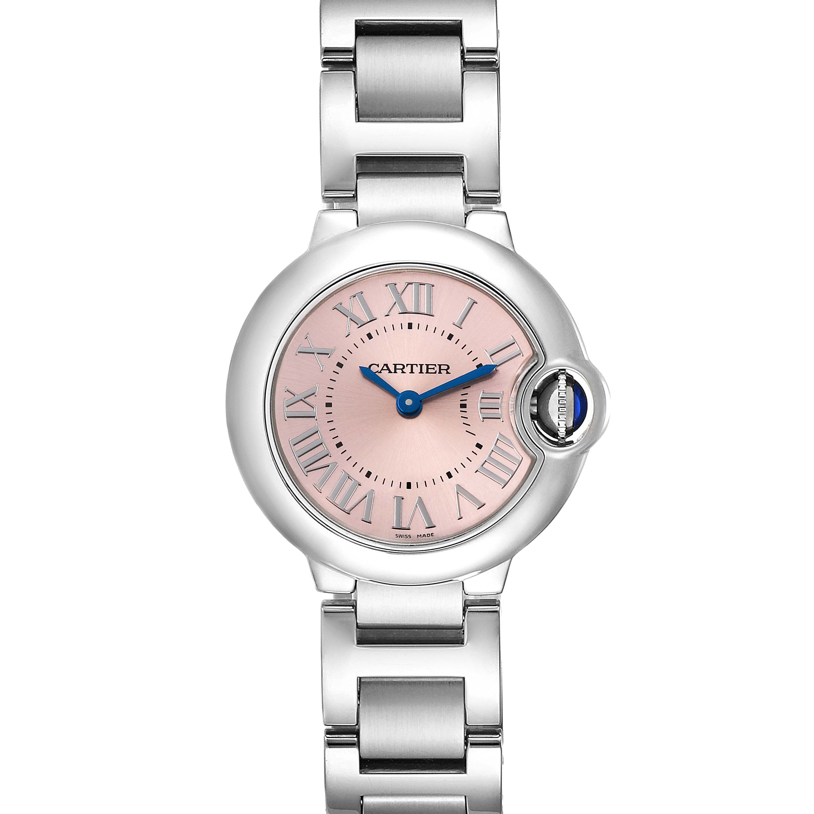 This image shows a front view of the Cartier Ballon Bleu W6920038 Women's Stainless Steel Pink Dial W6920038 Women's Stainless Steel Pink Dial model, featuring the dial, hands, case, and metal bracelet.