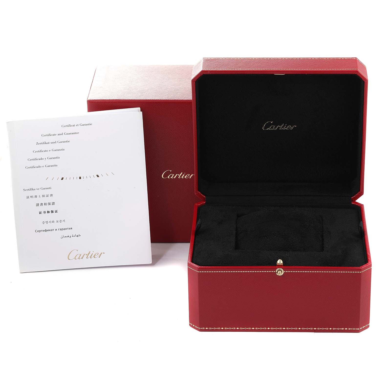 The image shows the packaging and warranty booklet for the Cartier Ballon Bleu W6920038 Women's Stainless Steel Pink Dial W6920038 Women's Stainless Steel Pink Dial model watch.